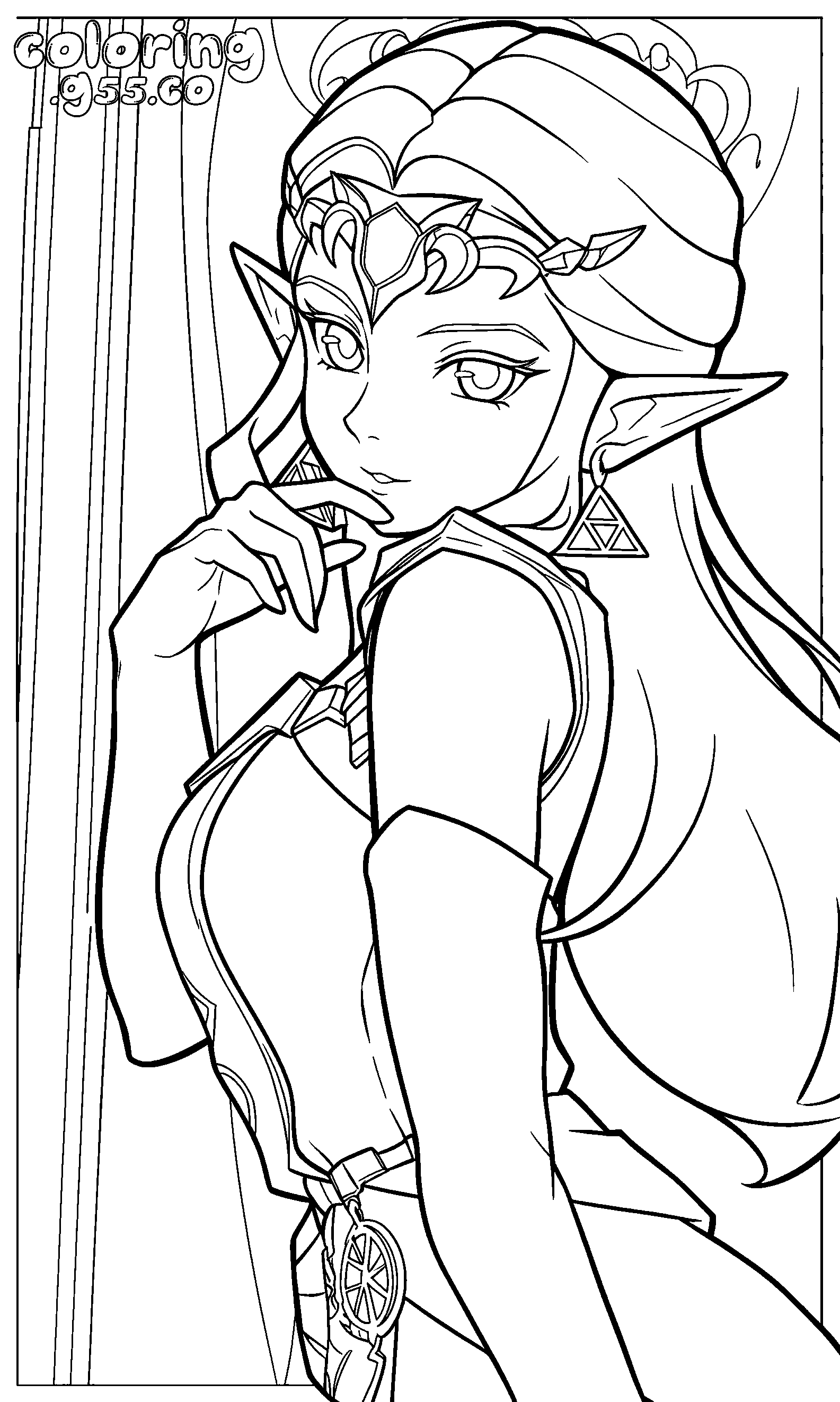 princess zelda wearing tiara and triforce earrings line art