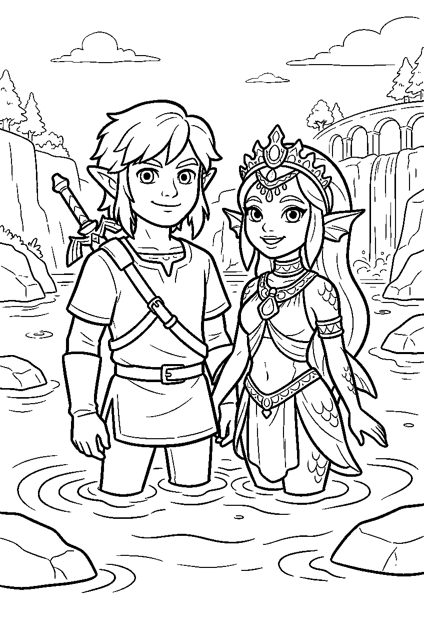 zelda characters along zora river line art