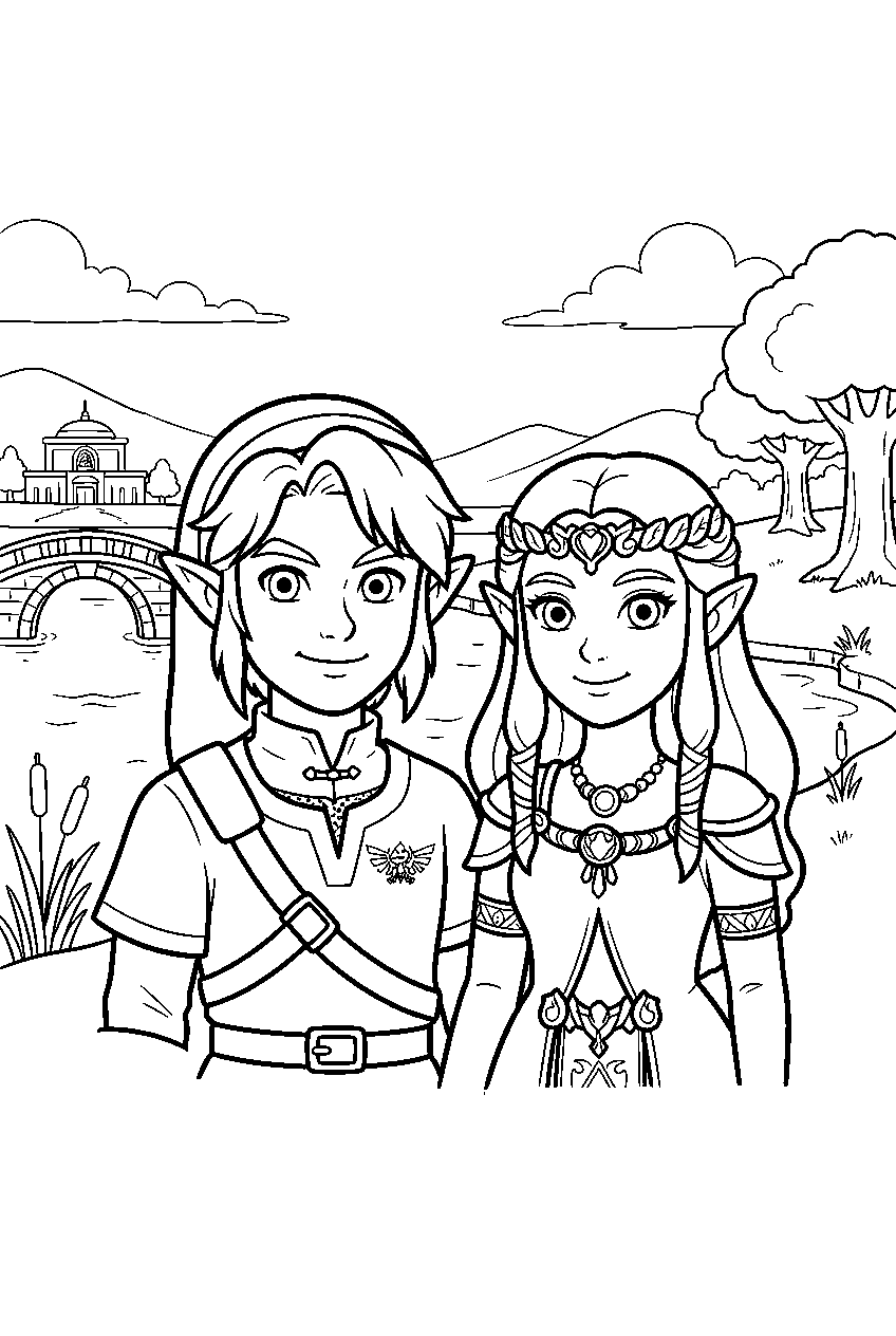 zelda characters at lake hylia line art