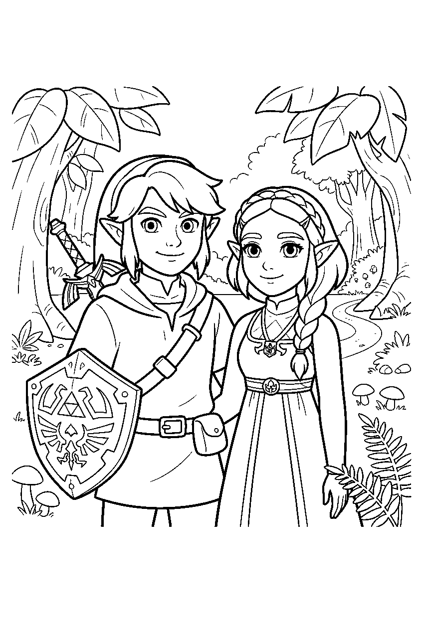 zelda characters in faron woods line art