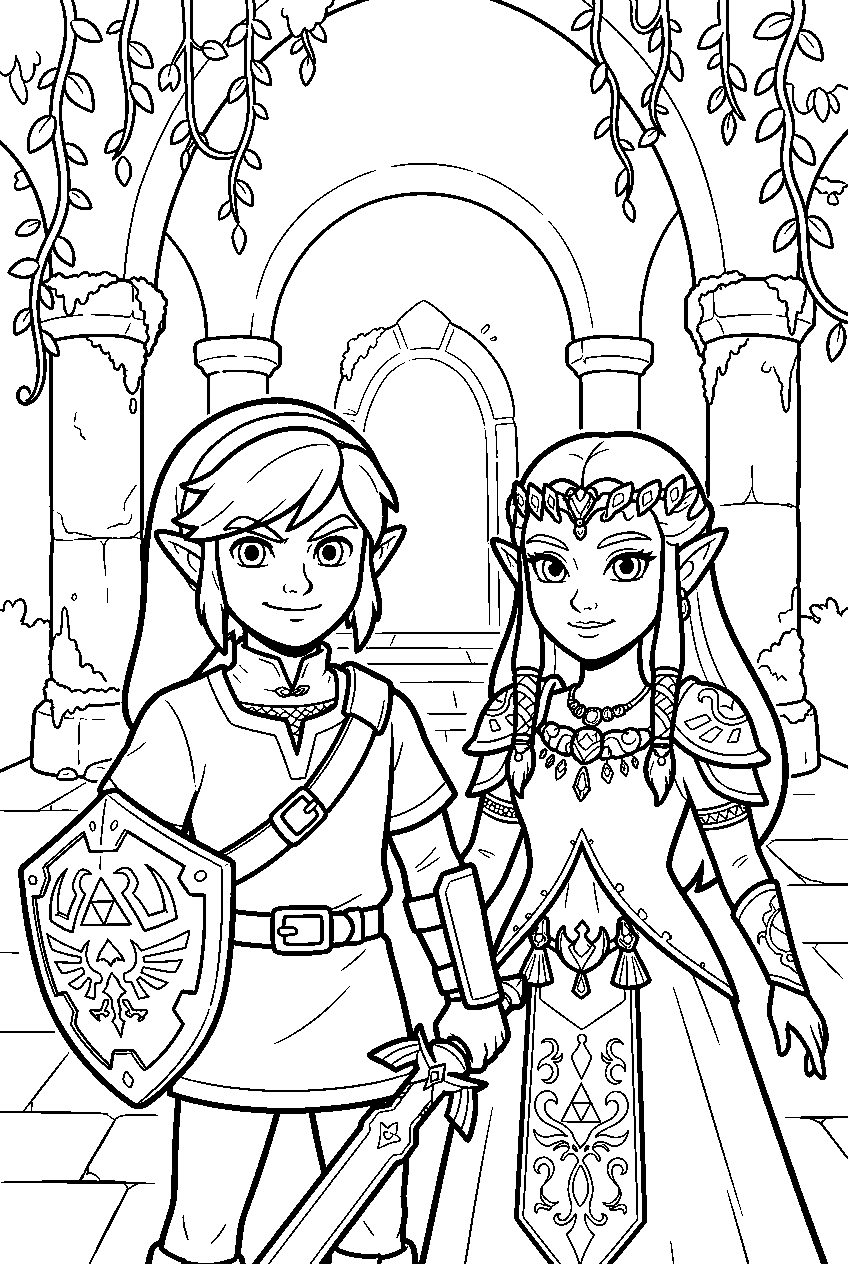 zelda characters in forest temple line art