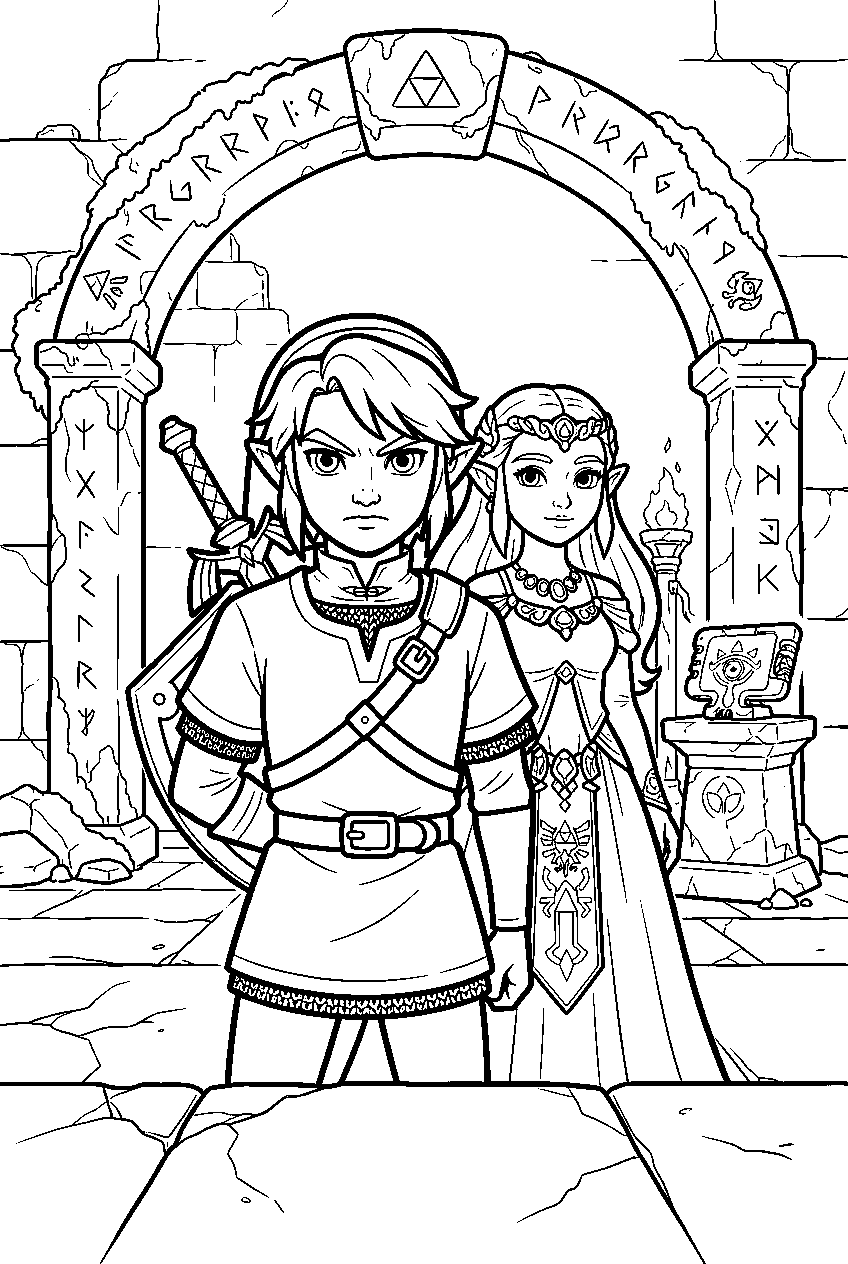 zelda characters in forgotten temple line art