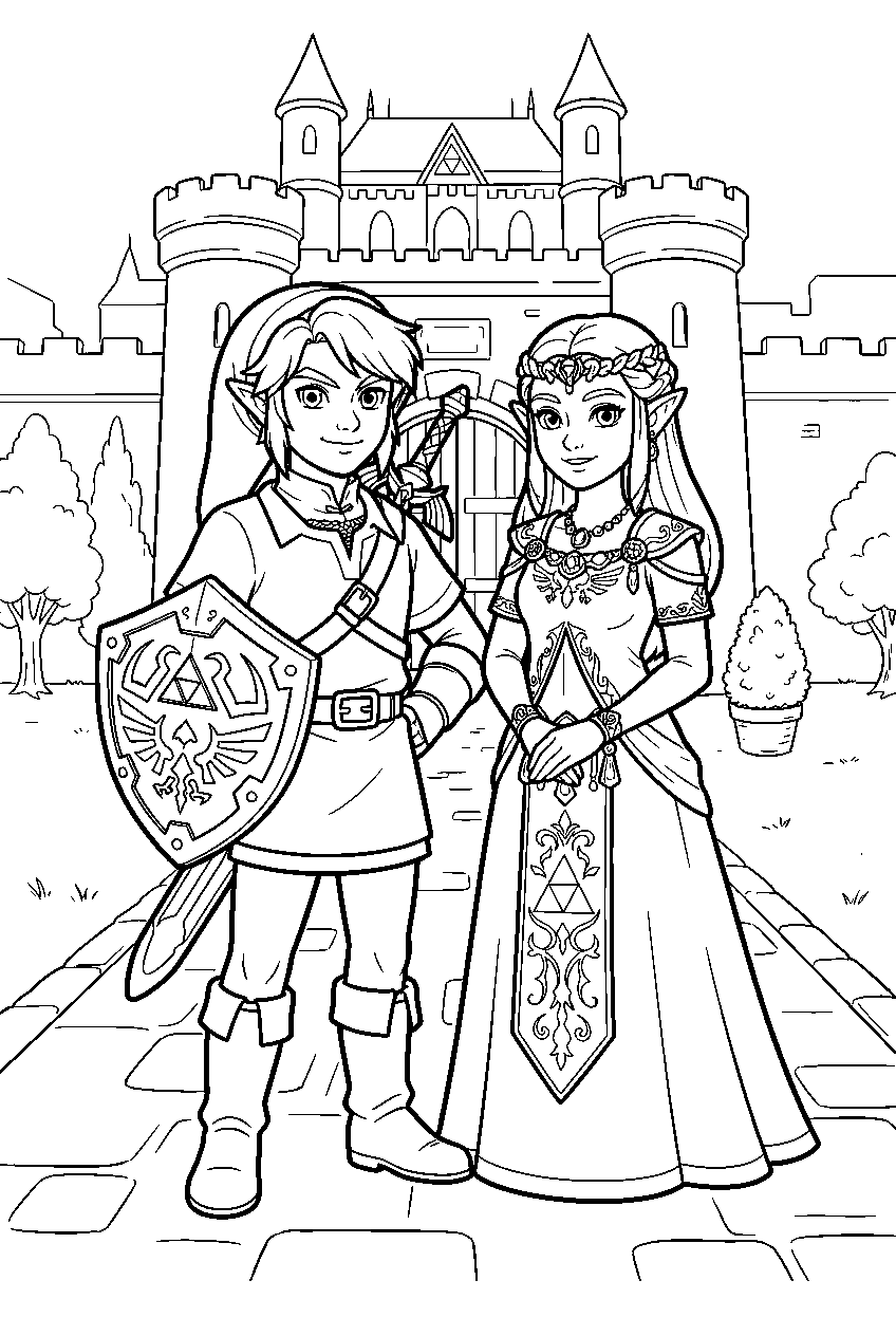 zelda characters in hyrule castle courtyard line art