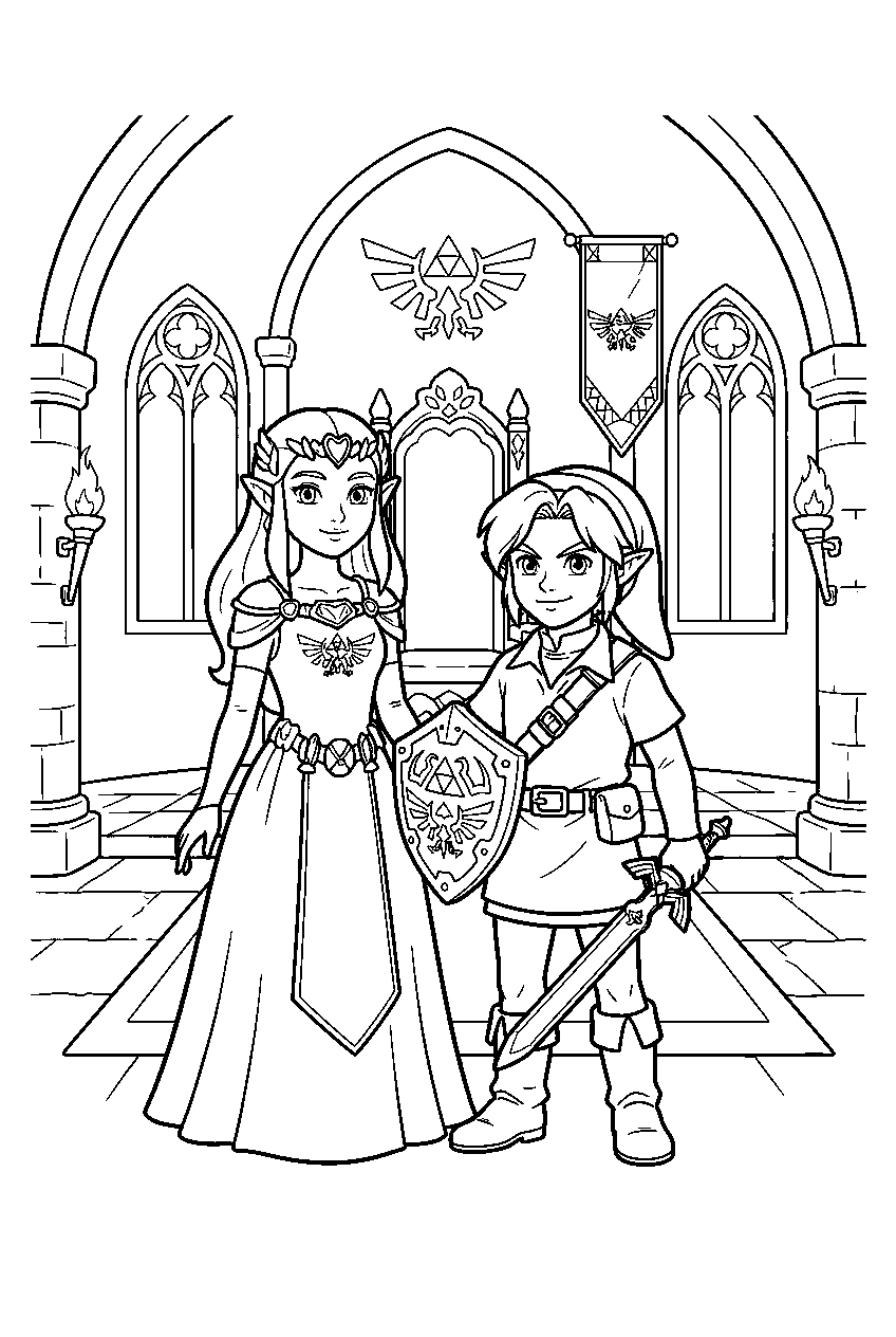 zelda characters in hyrule castle throne room line art