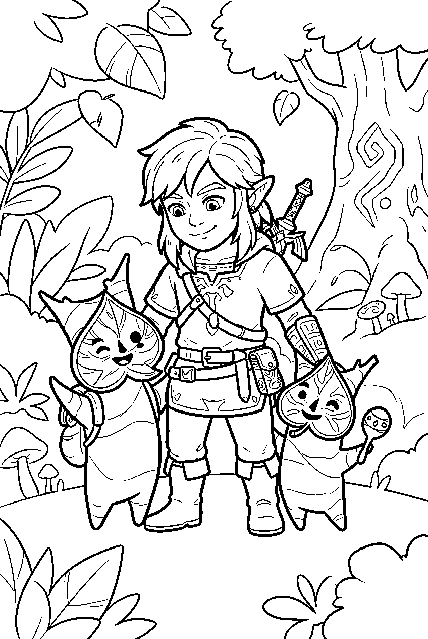 zelda characters in korok forest line art