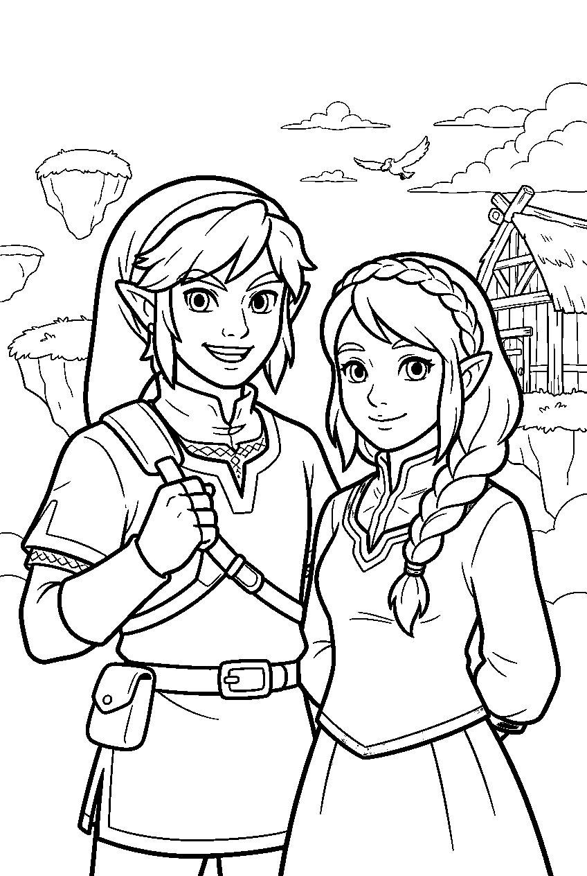zelda characters in skyloft line art