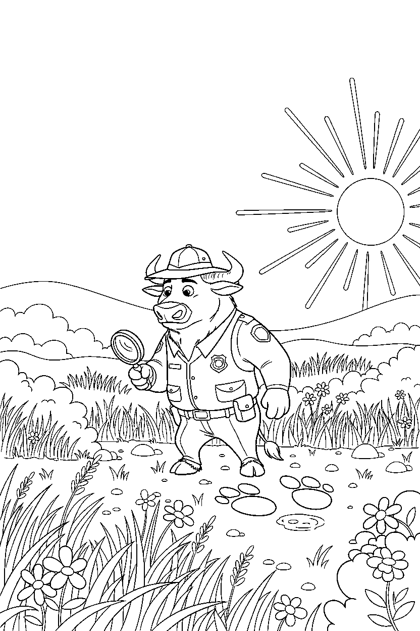 zootopia chief bogo exploring in meadow line art