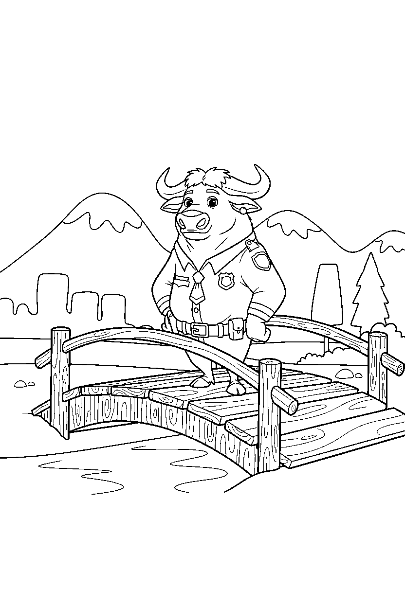 zootopia chief bogo standing calmly on wooden bridge line art