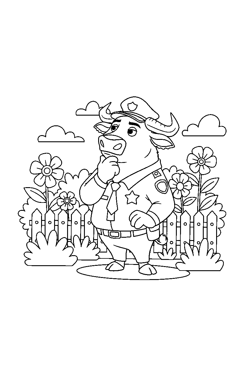zootopia chief bogo thinking in garden line art