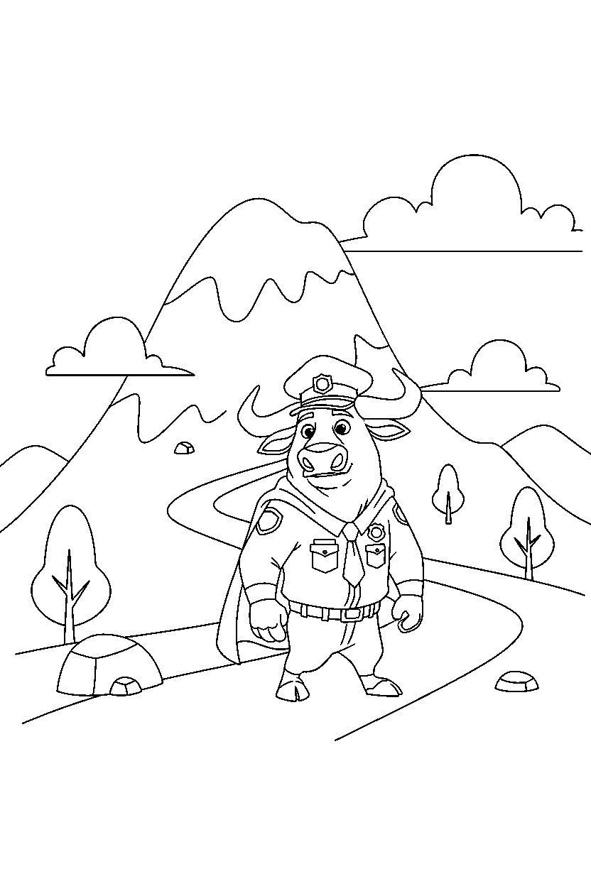 zootopia chief bogo walking on mountain line art