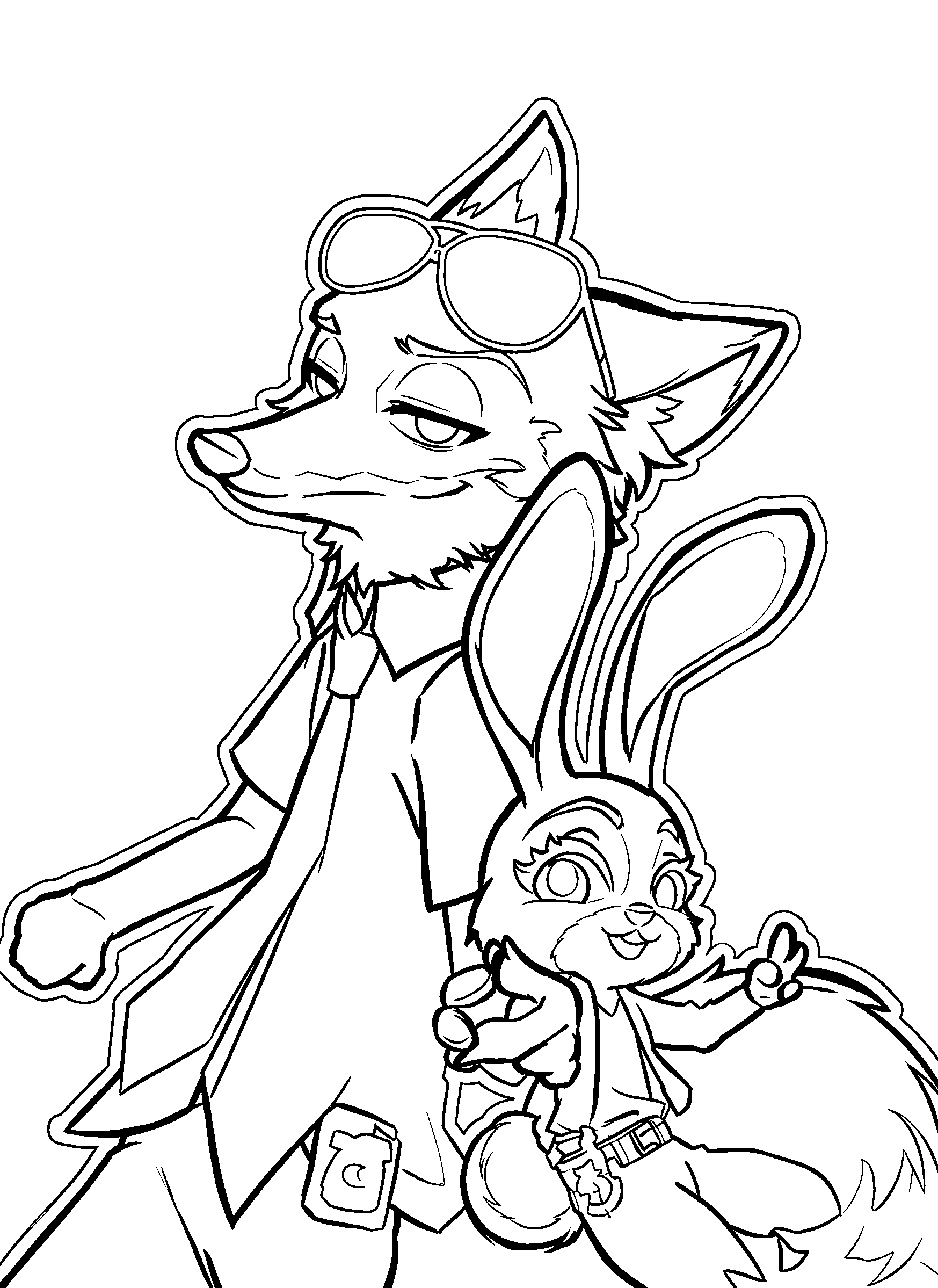 cool nick wilde with sunglasses and judy hopps zootopia line art