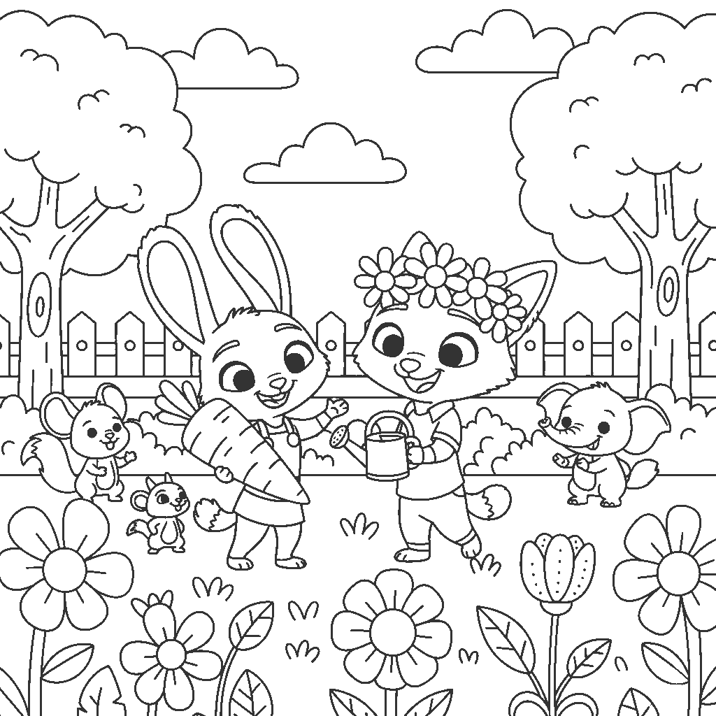 cute baby zootopia gardening line art