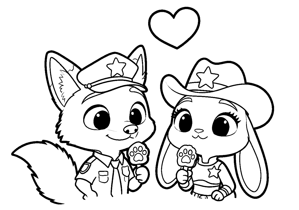 cute police officers nick and judy with pawpsicles zootopia line art