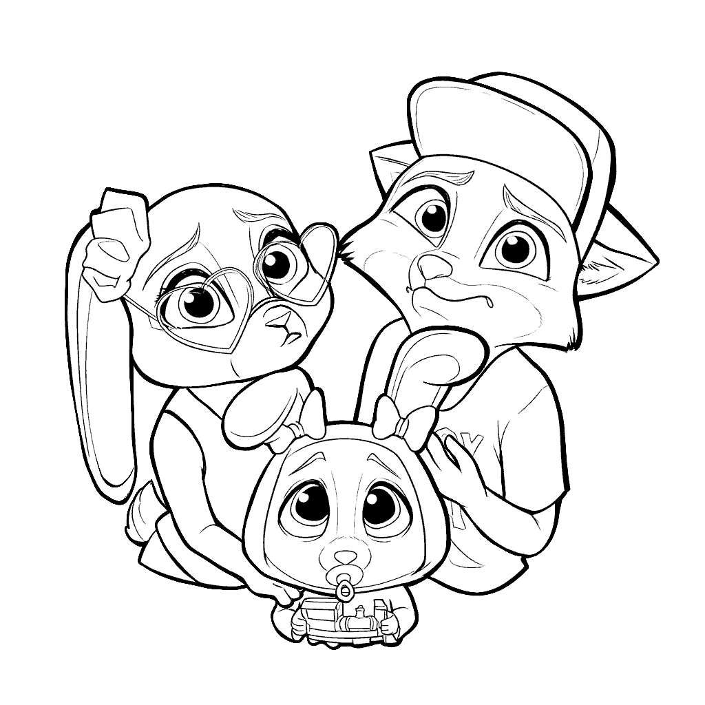 finnick nick wilde and judy hopps trio zootopia line art