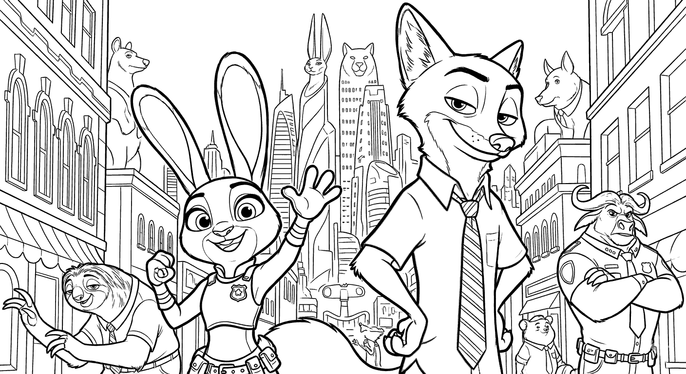 zootopia characters cityscape coloring sheet