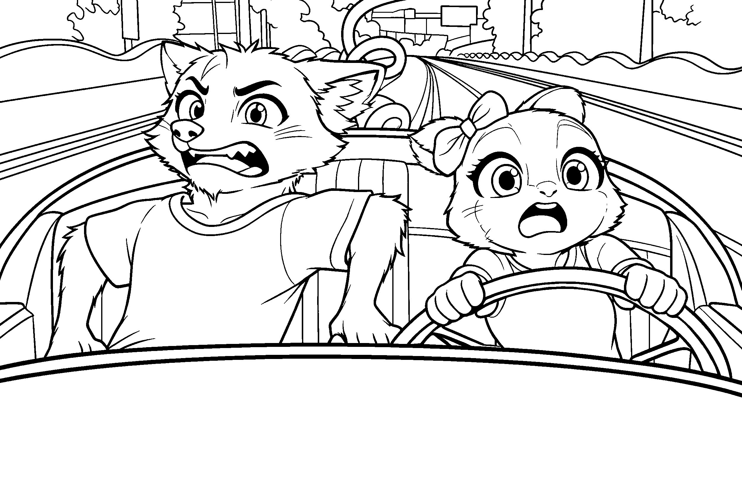 funny car chase scene with nick and judy zootopia line art