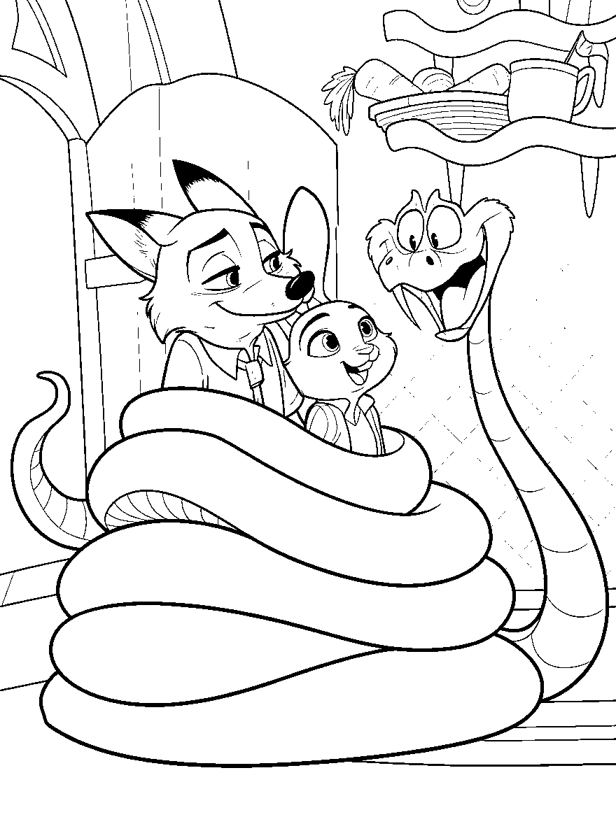 gary de snake hugging nick and judy line art