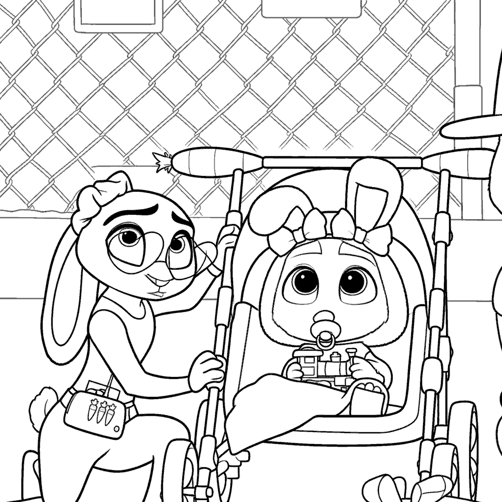 judy hopps and baby finnick stroller line art