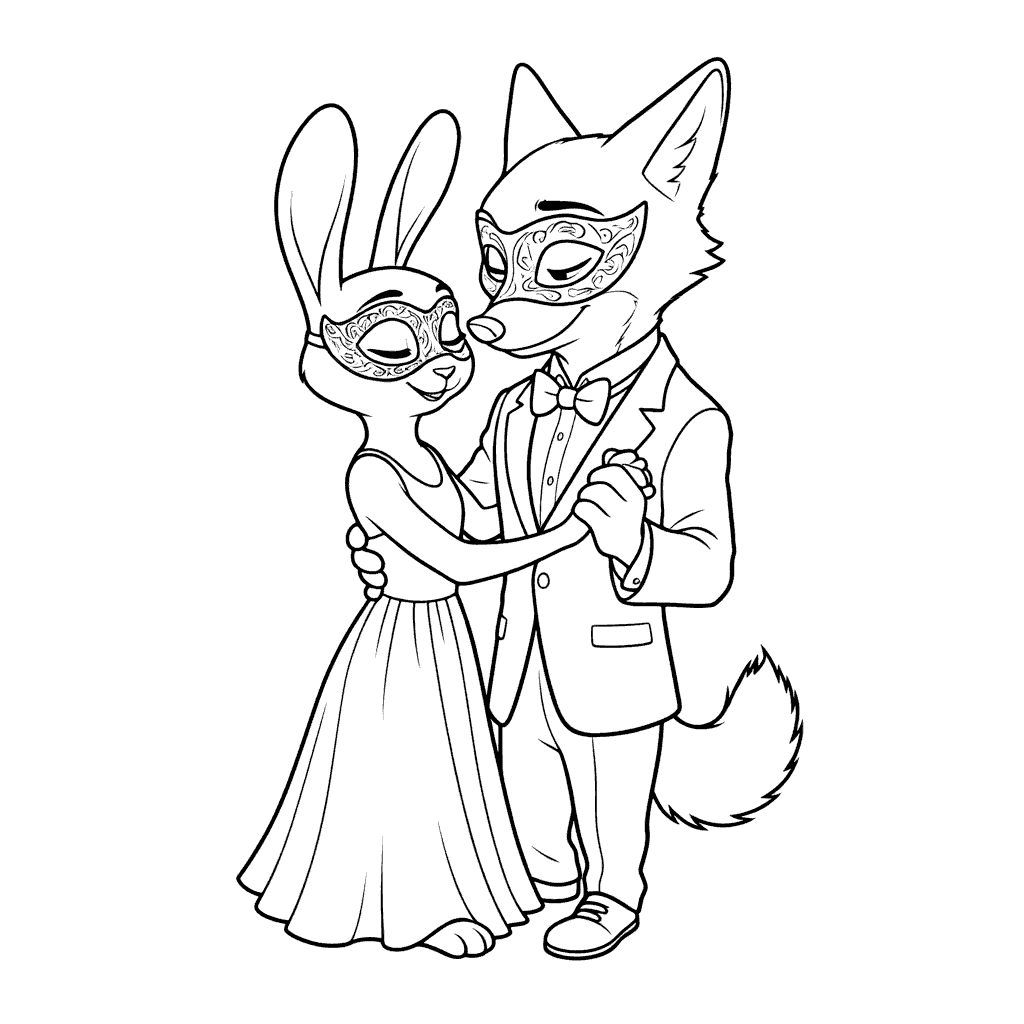 judy hopps and nick wilde elegant zootopia masquerade line art