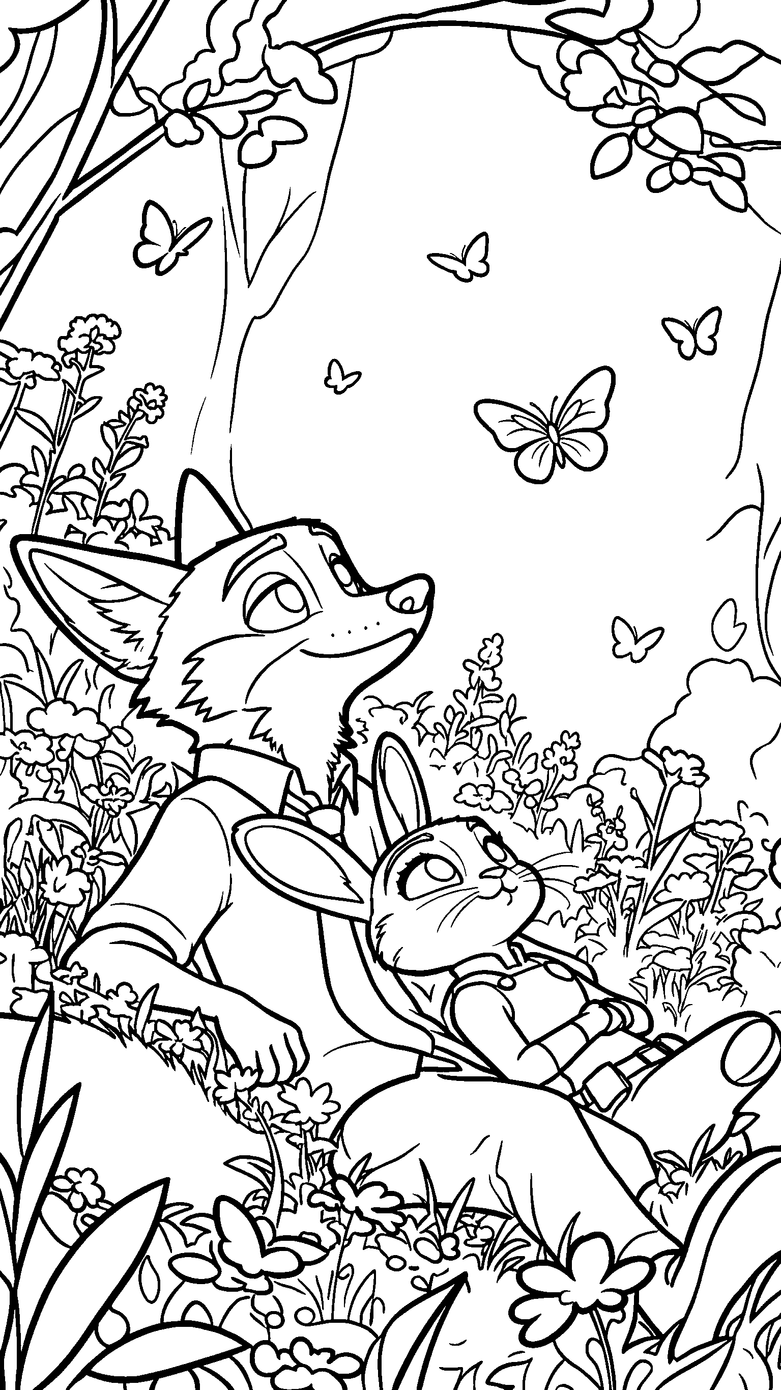 judy hopps and nick wilde zootopia butterfly garden line art