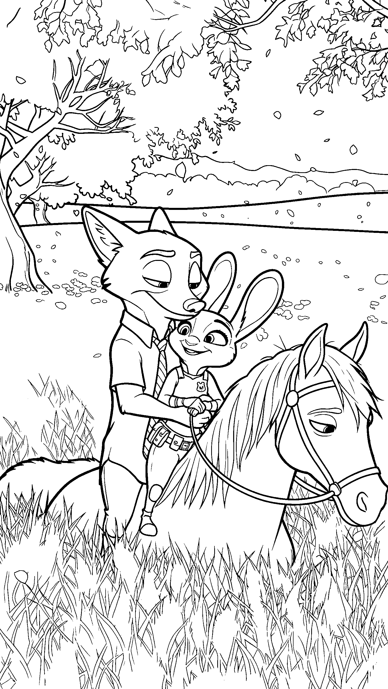 judy hopps and nick wilde zootopia horseback riding line art