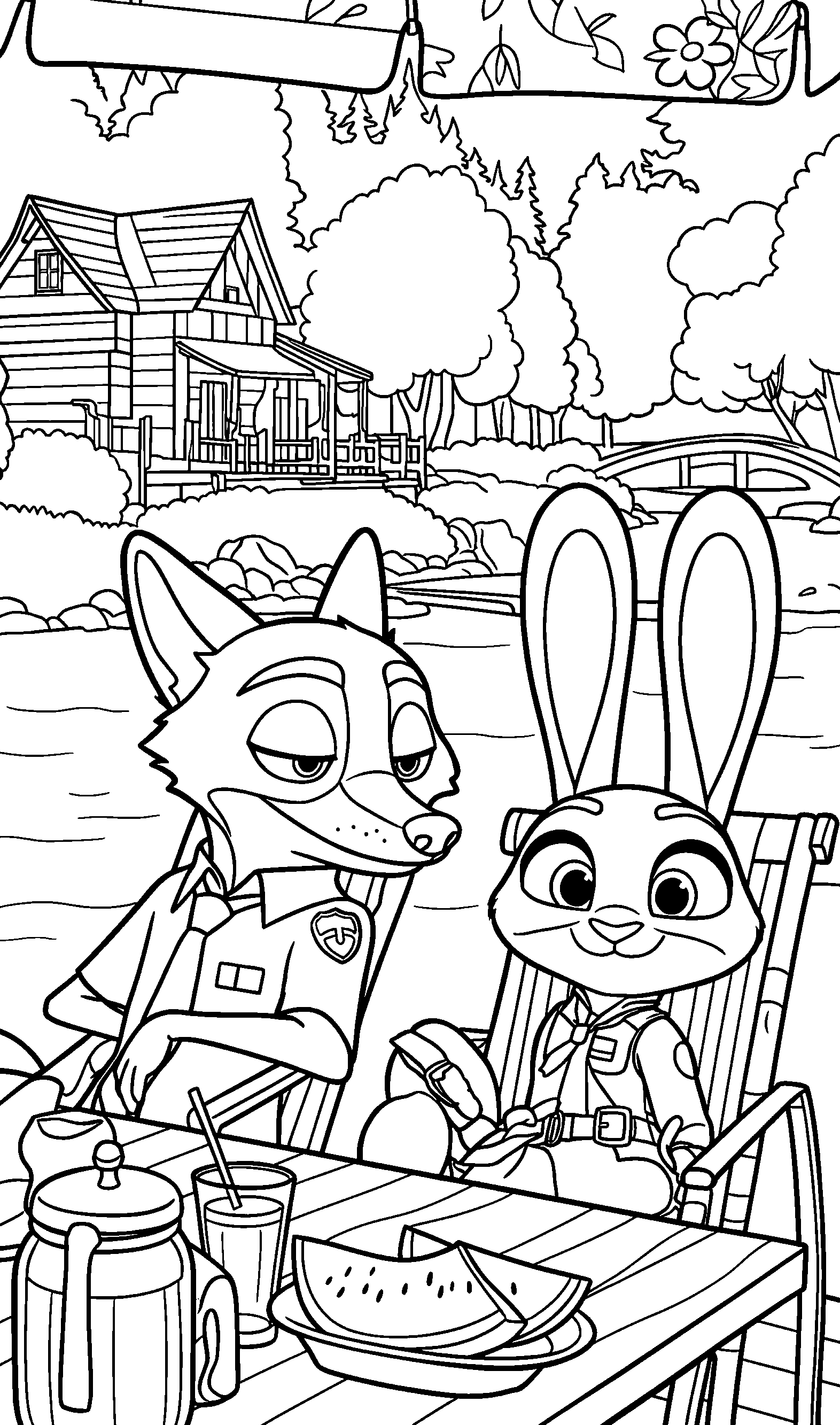judy hopps and nick wilde zootopia lakeside picnic line art
