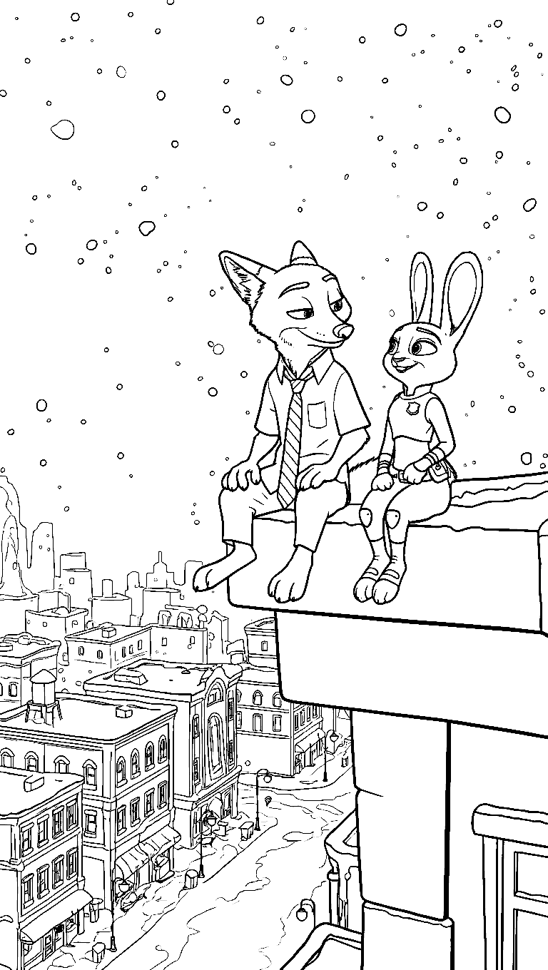 judy hopps and nick wilde zootopia rooftop winter line art