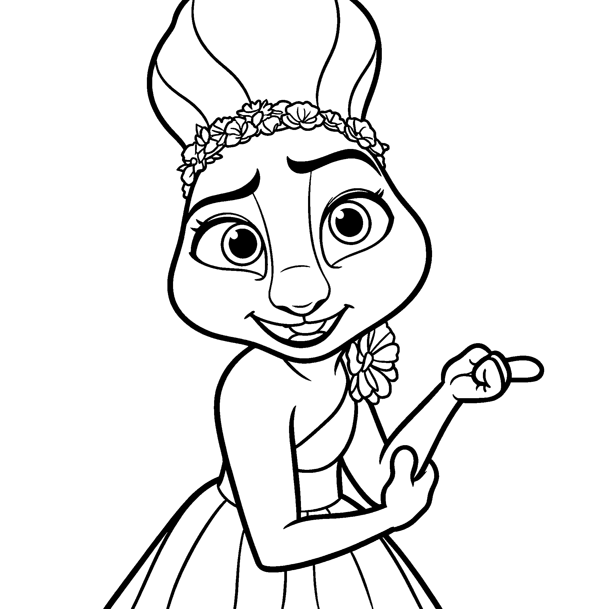judy hopps in flower crown and dress zootopia line art