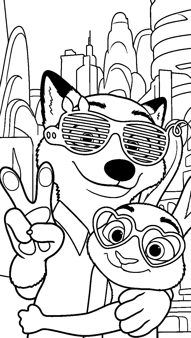 nick and judy city selfie line art