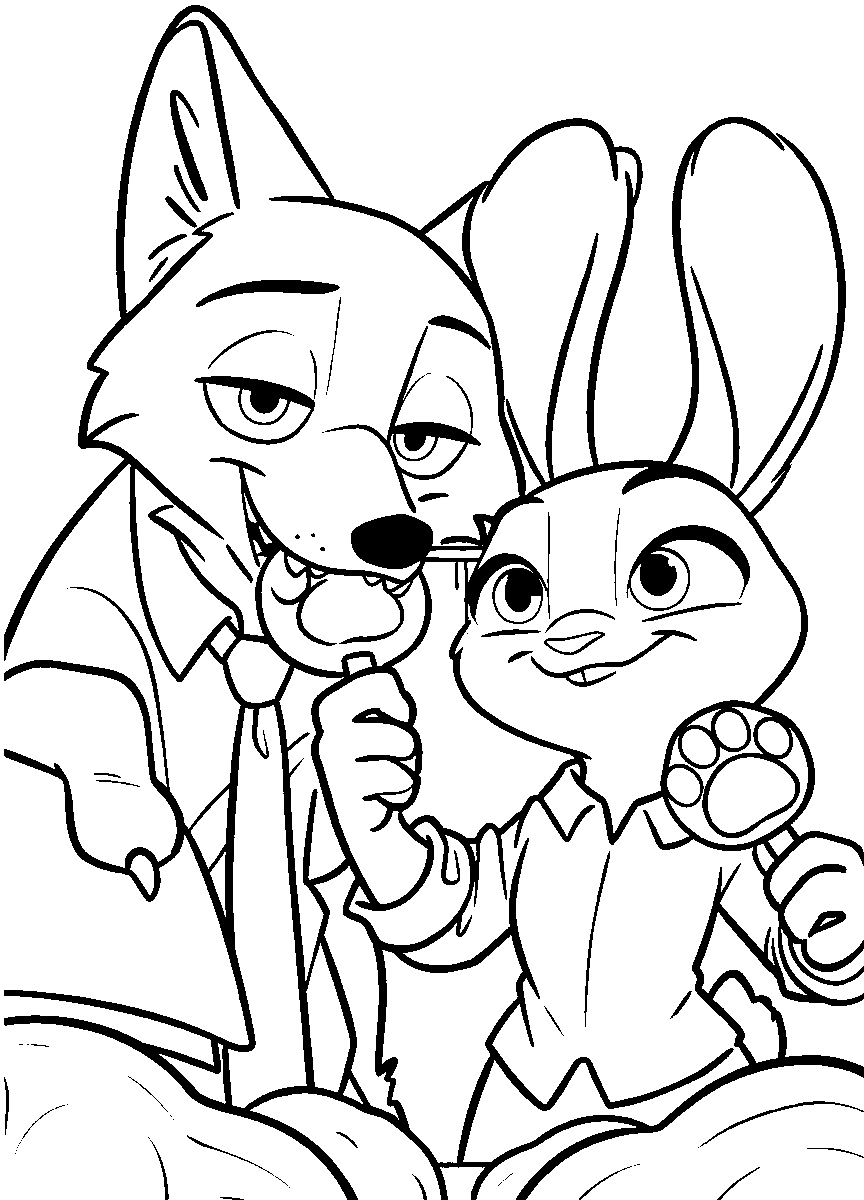 nick and judy enjoying pawpsicles line art
