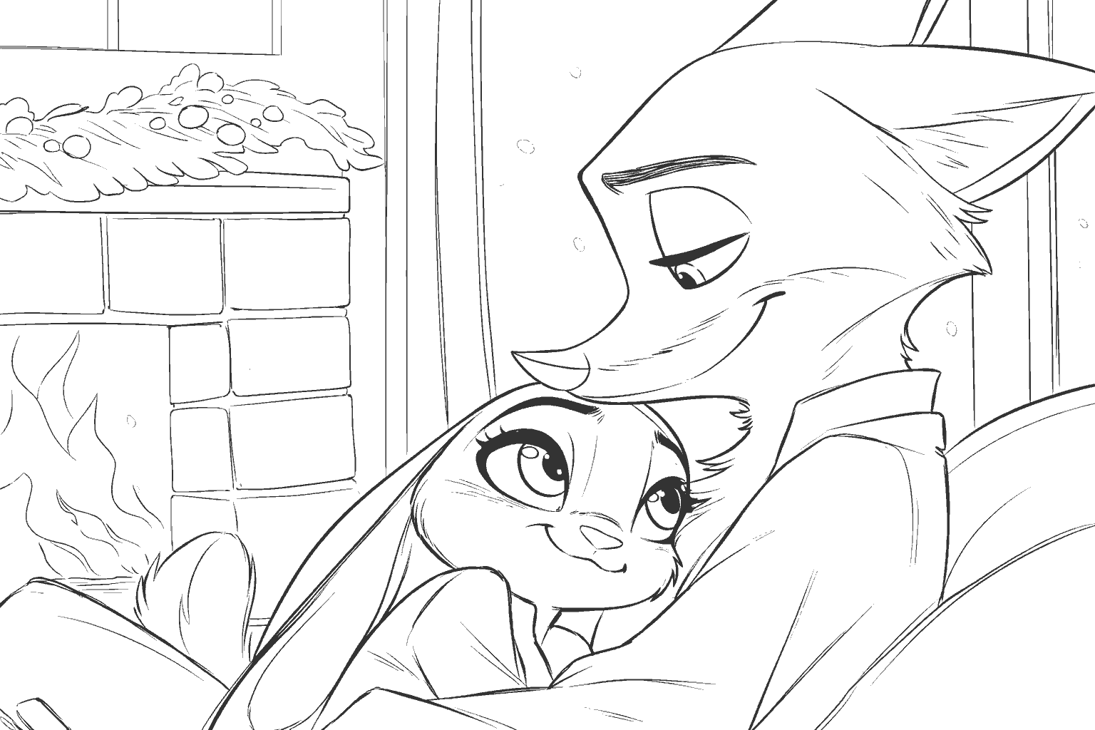 nick and judy fireplace line art