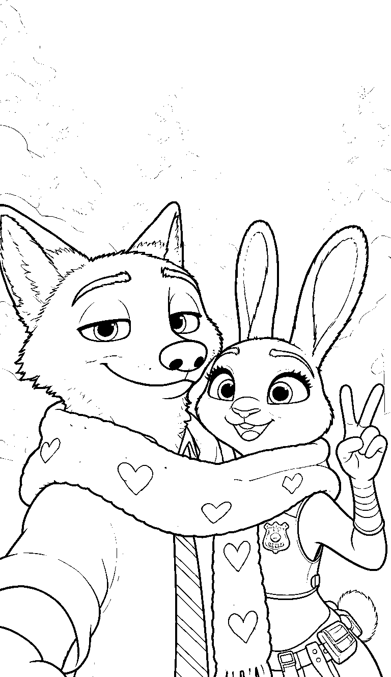 nick and judy heart scarf line art
