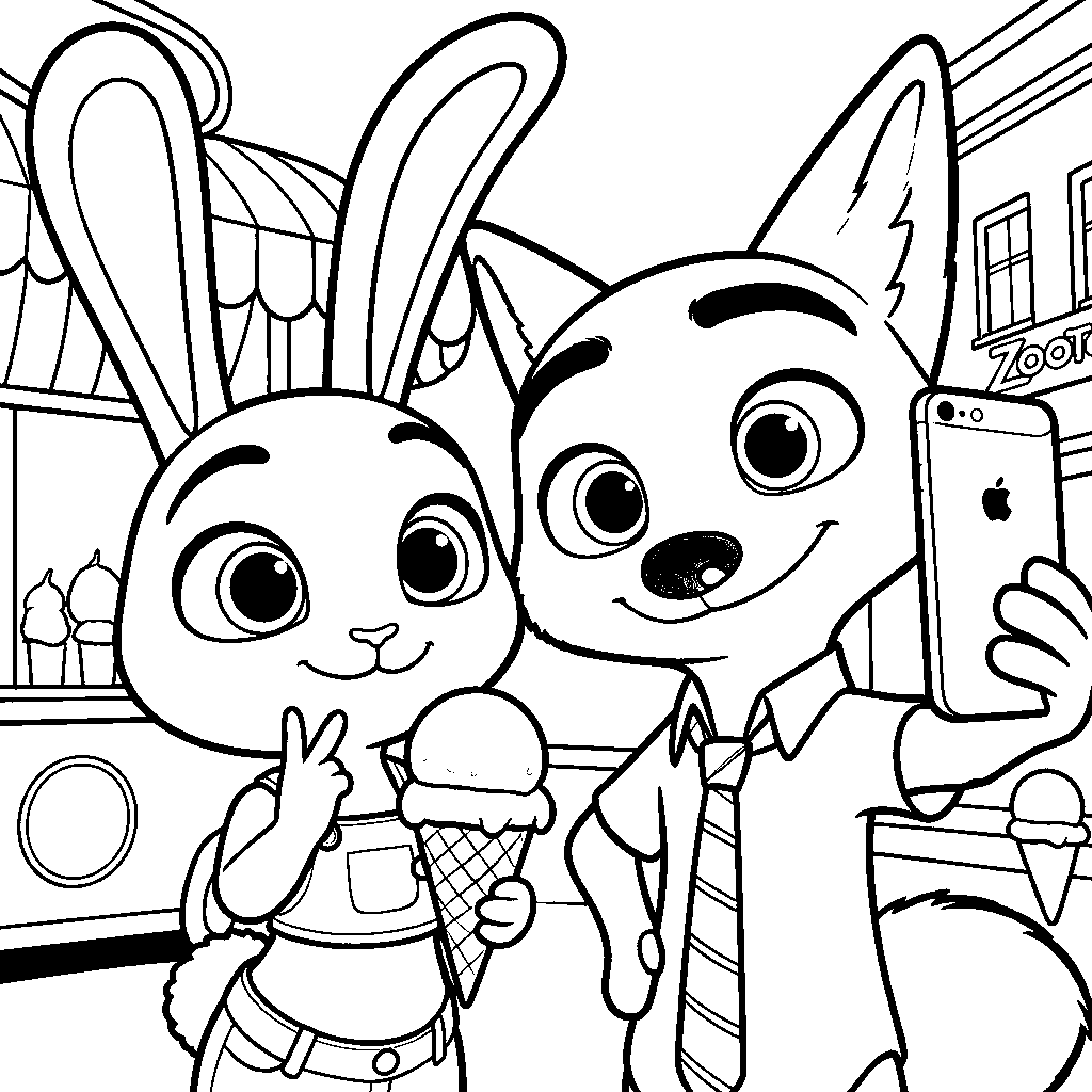 nick and judy ice cream selfie line art