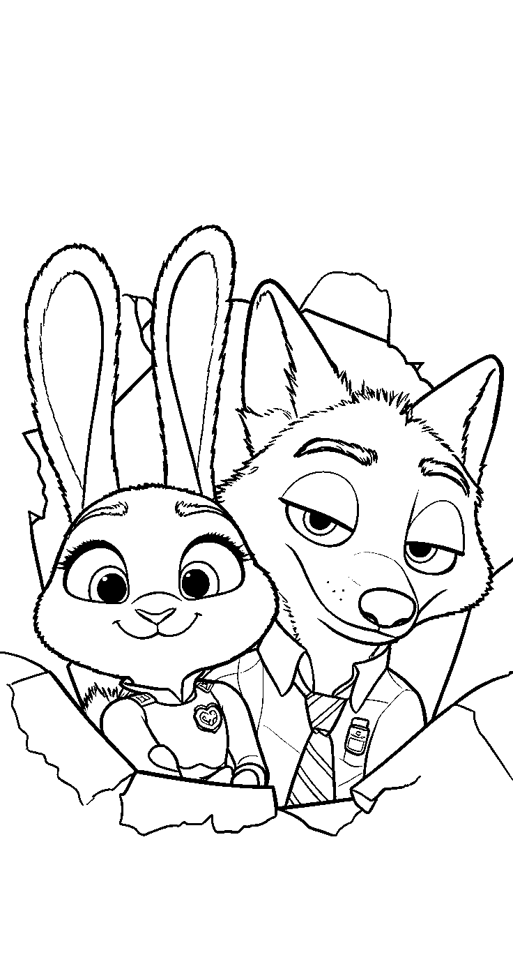 nick and judy peeking paper line art