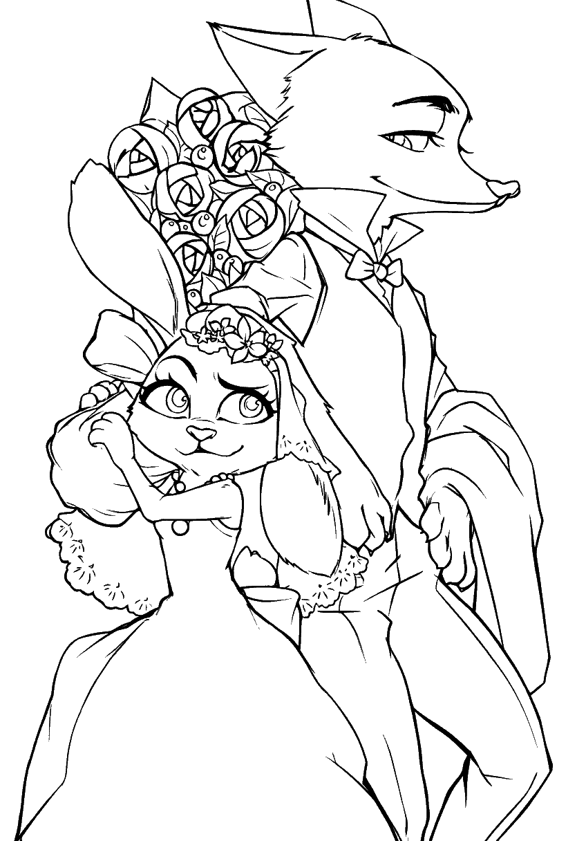 nick and judy wedding day line art