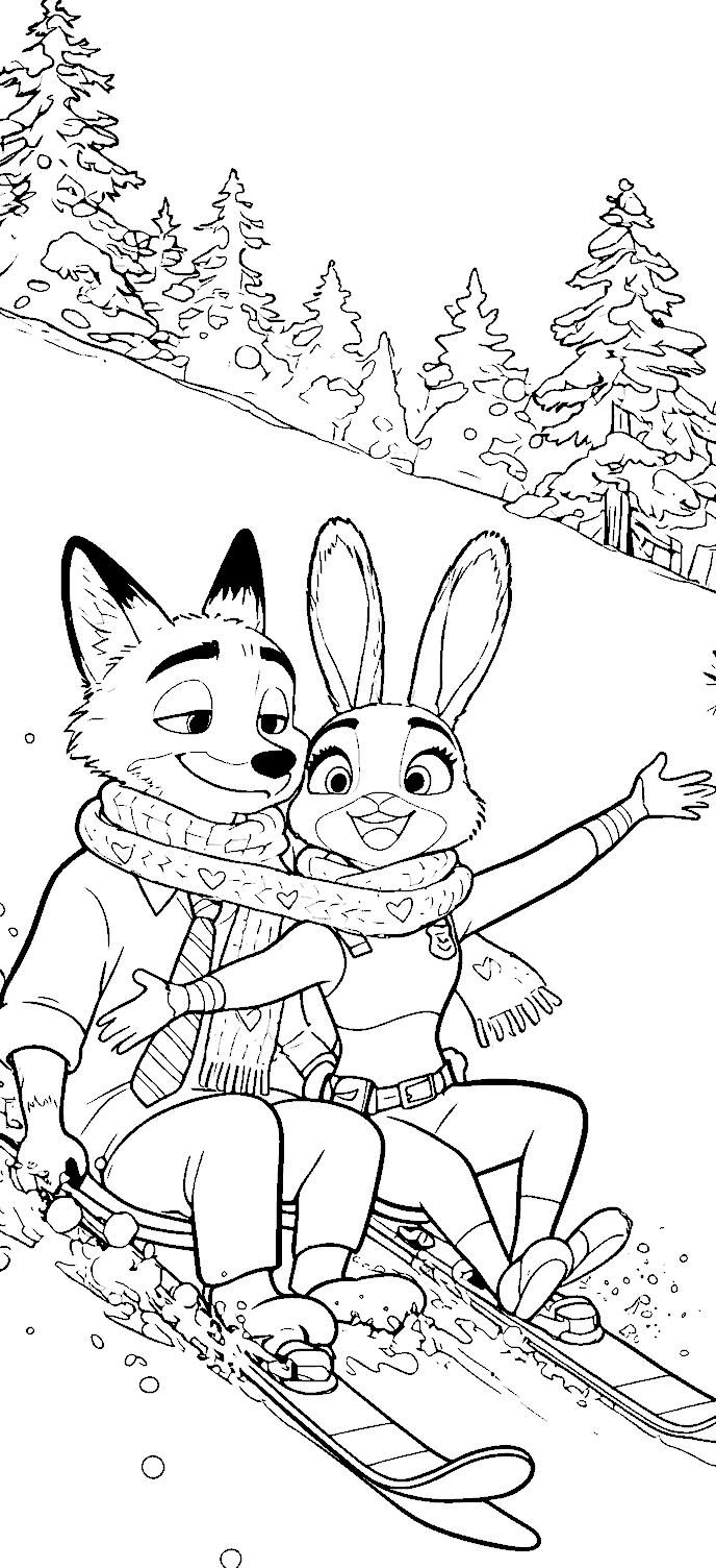 nick and judy winter sledding line art