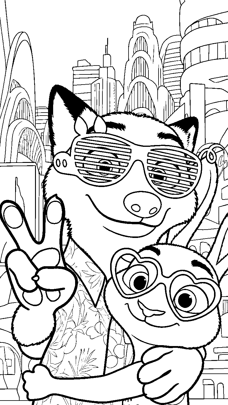 nick and judy zootopia selfie line art