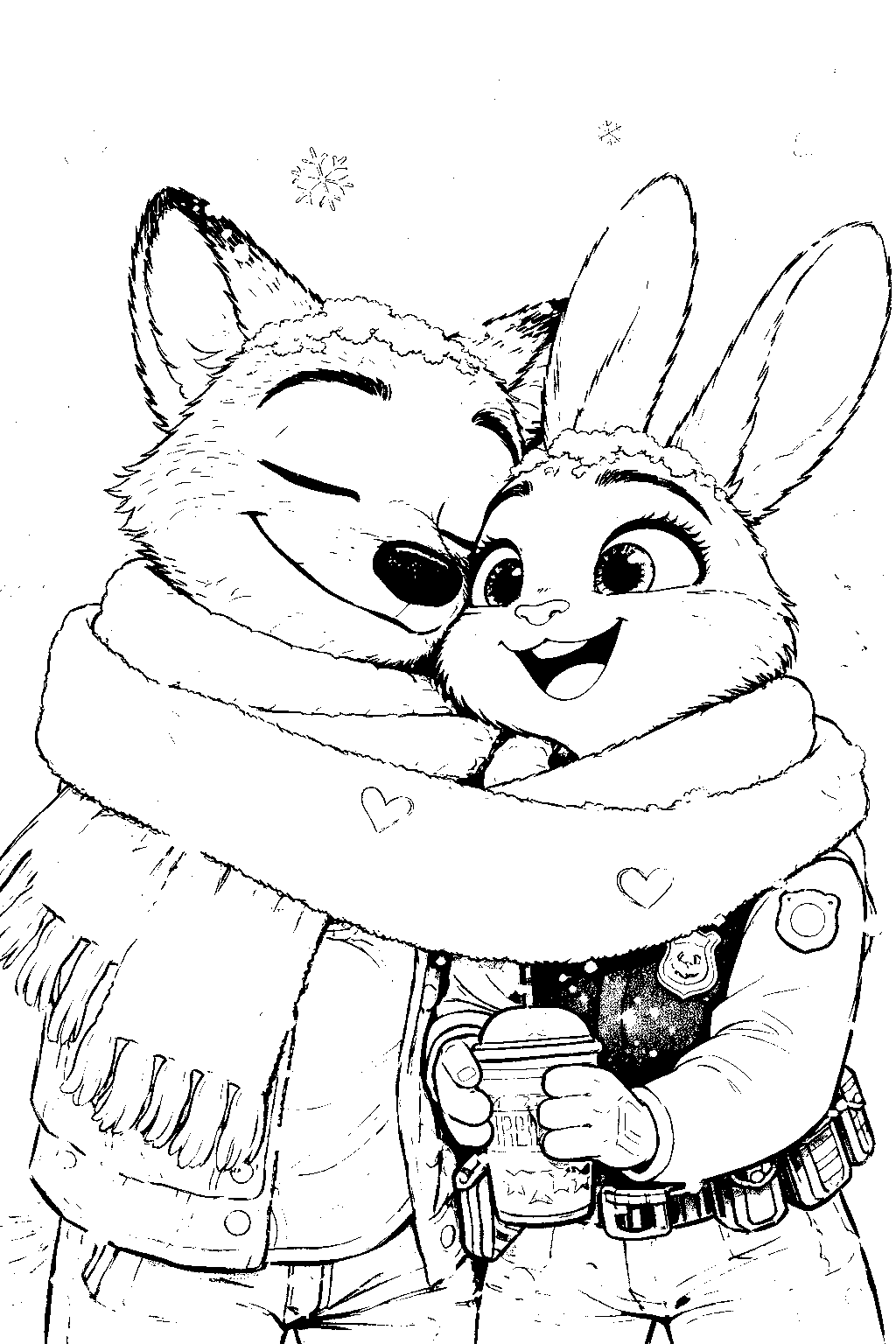 nick and judy zootopia winter scarf hug line art