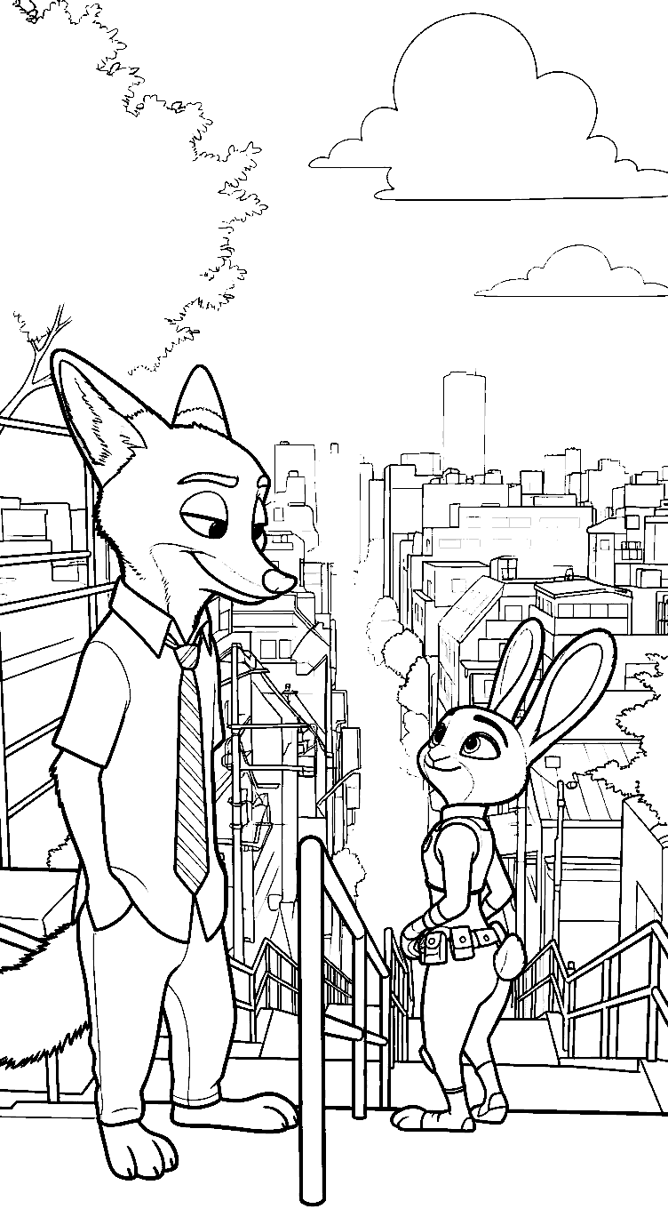 nick judy and zootopia city view staircase line art