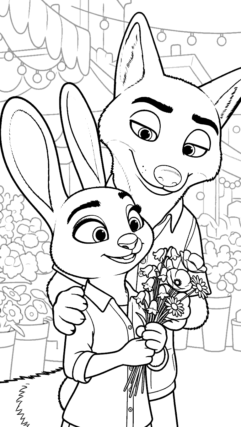 nick judy and zootopia flower market romance line art