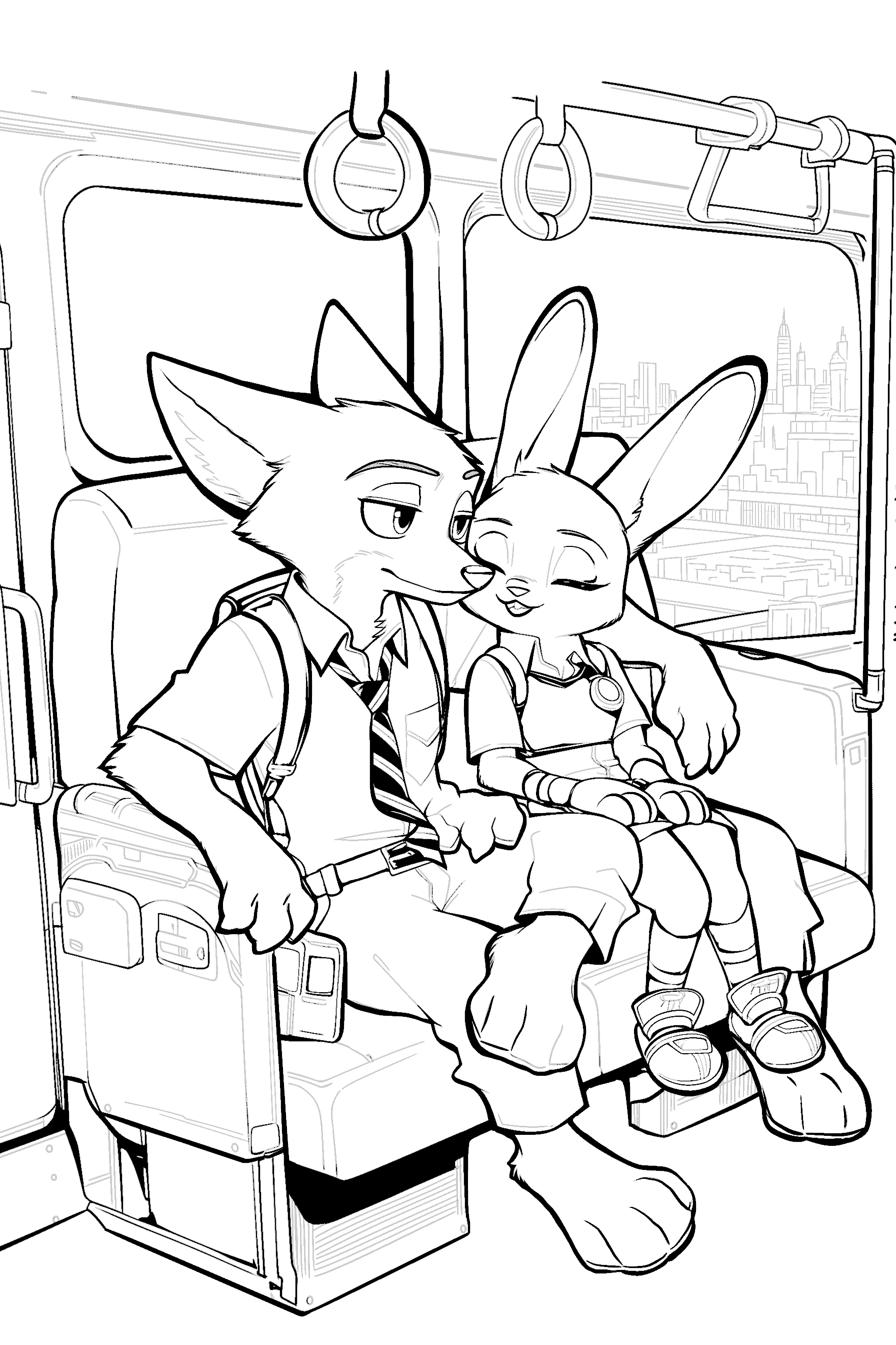 nick wilde and judy hopps commuting on the train zootopia line art