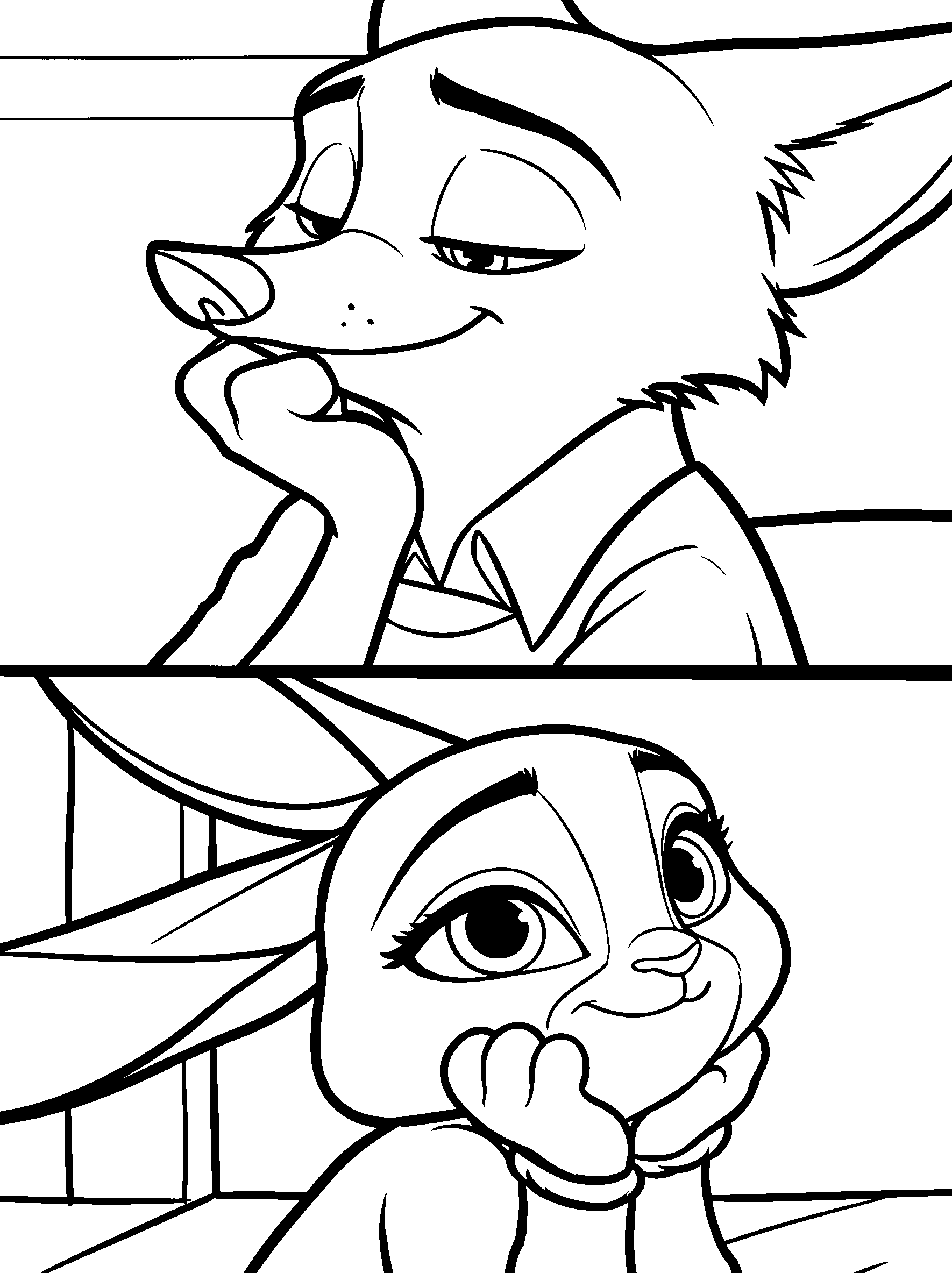 nick wilde and judy hopps dreamy expressions zootopia line art
