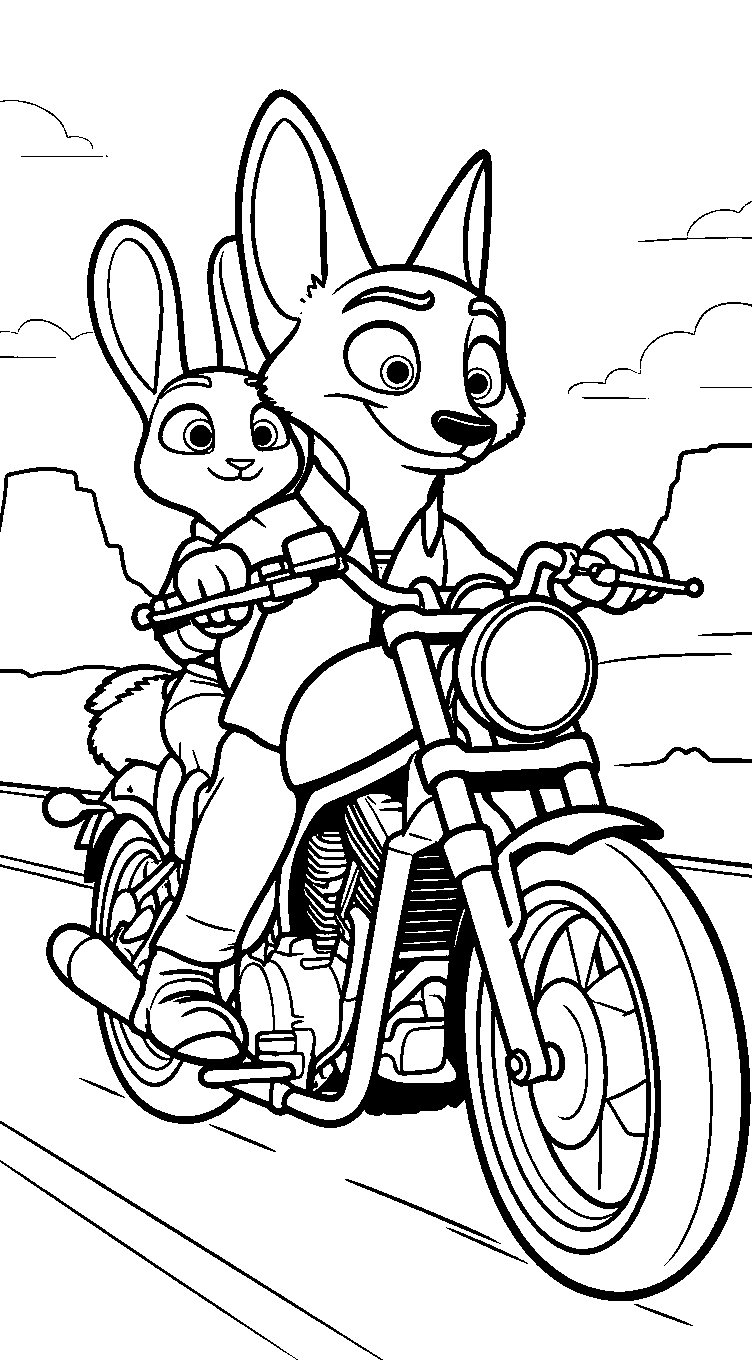 nick wilde and judy hopps motorcycle road trip line art