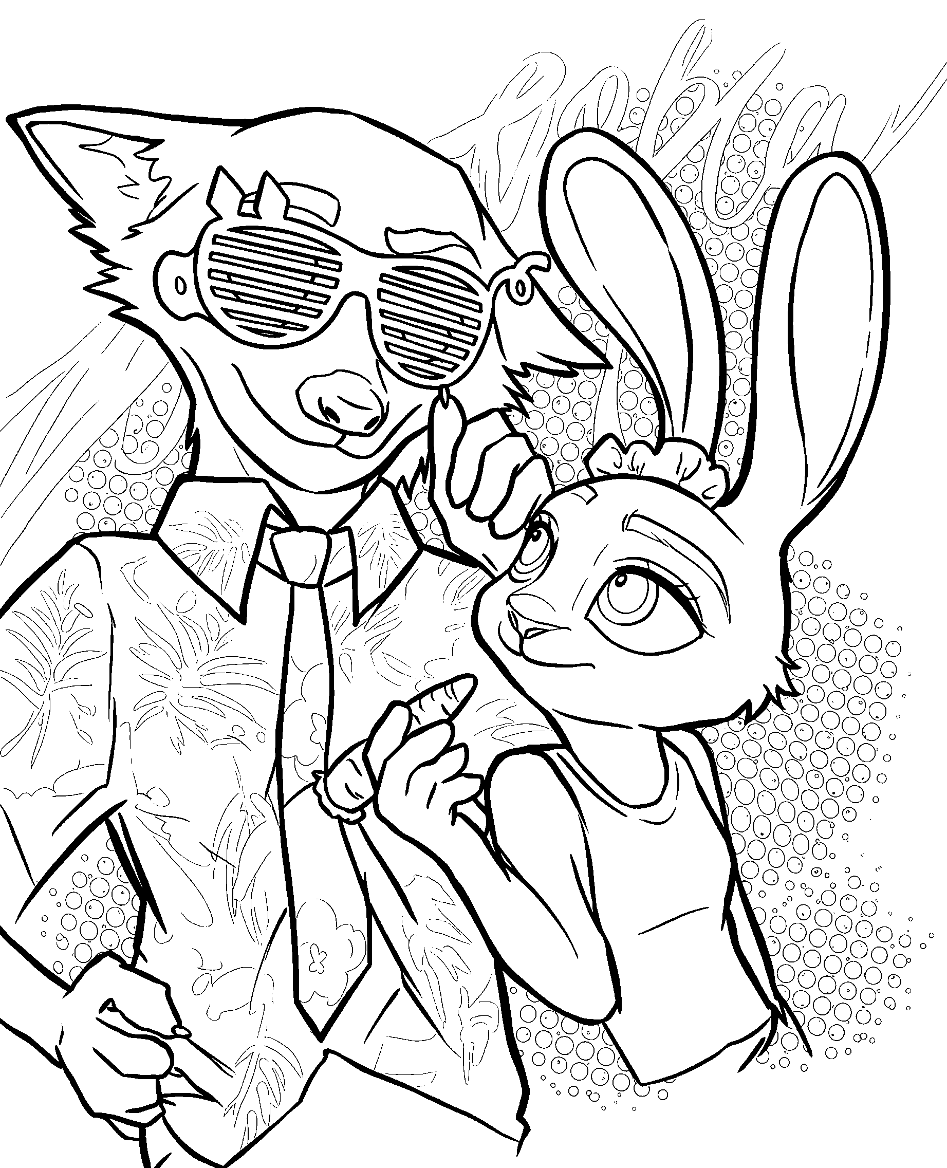 nick wilde and judy hopps party style zootopia line art