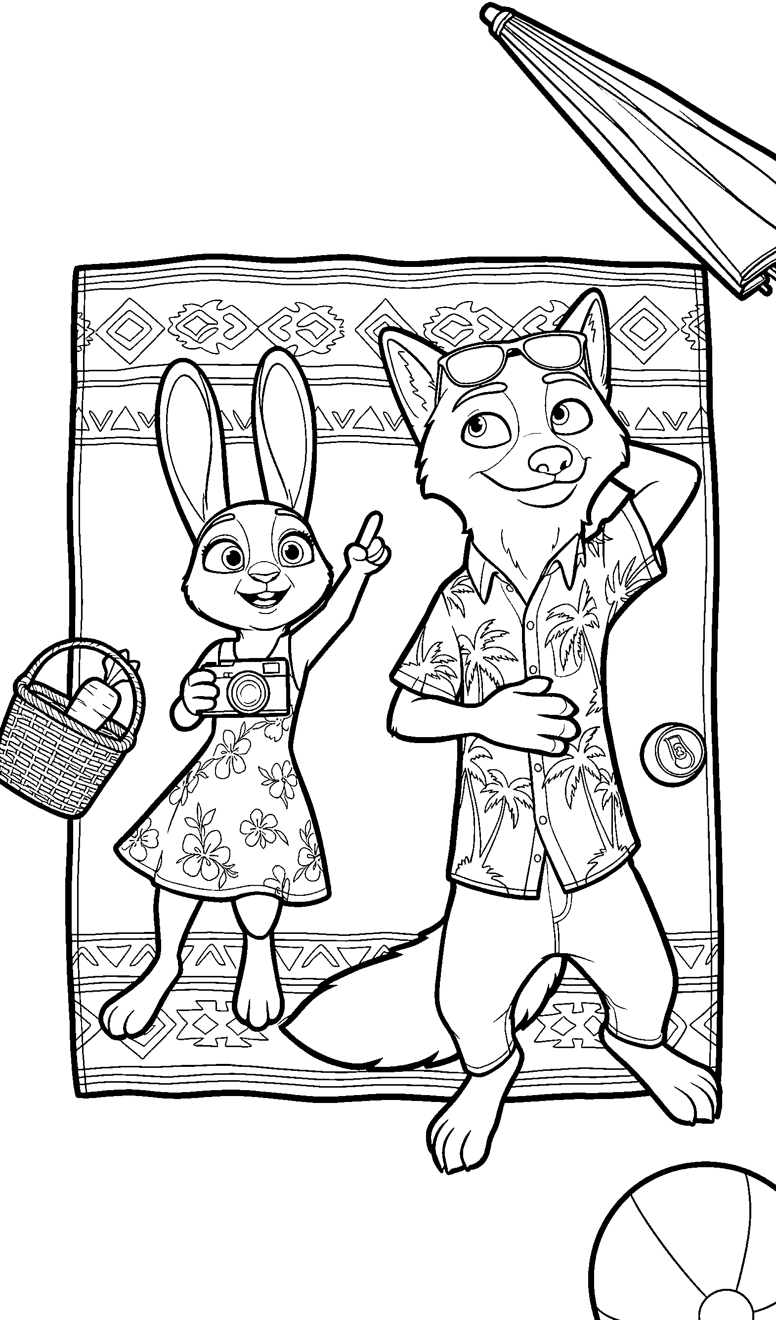 nick wilde and judy hopps summer picnic zootopia line art