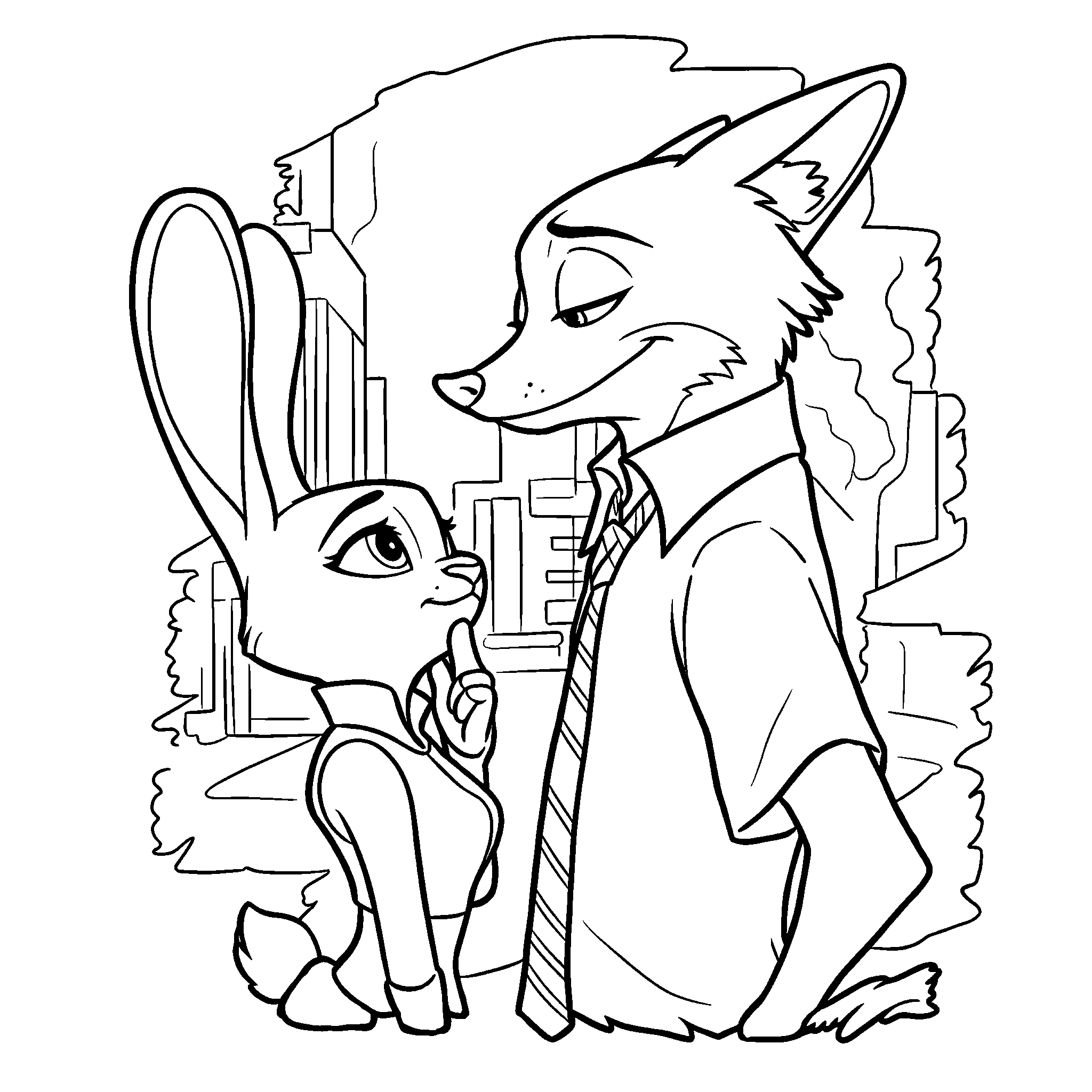 nick wilde and judy hopps urban encounter zootopia line art