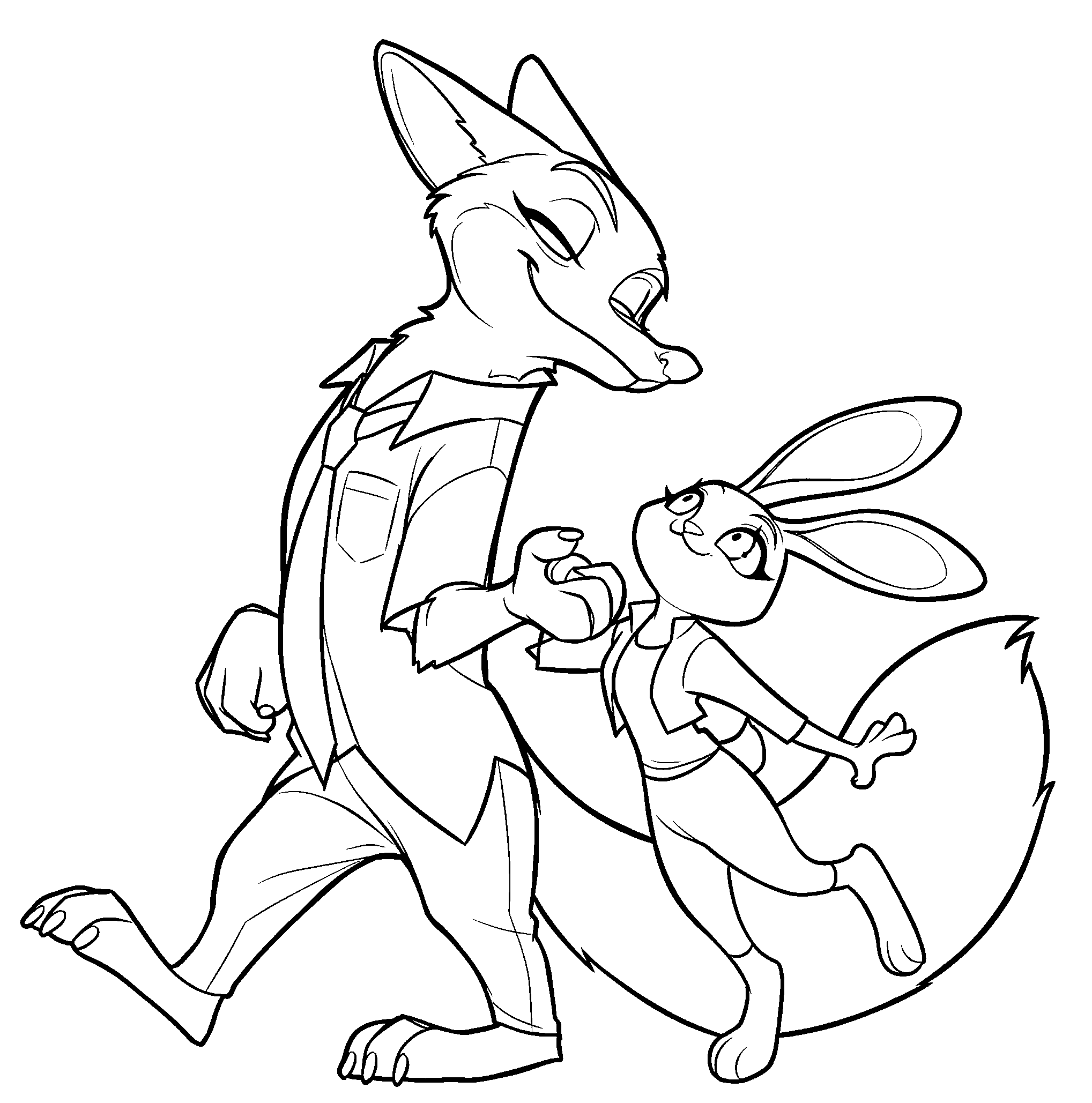 nick wilde and judy hopps walking together zootopia line art