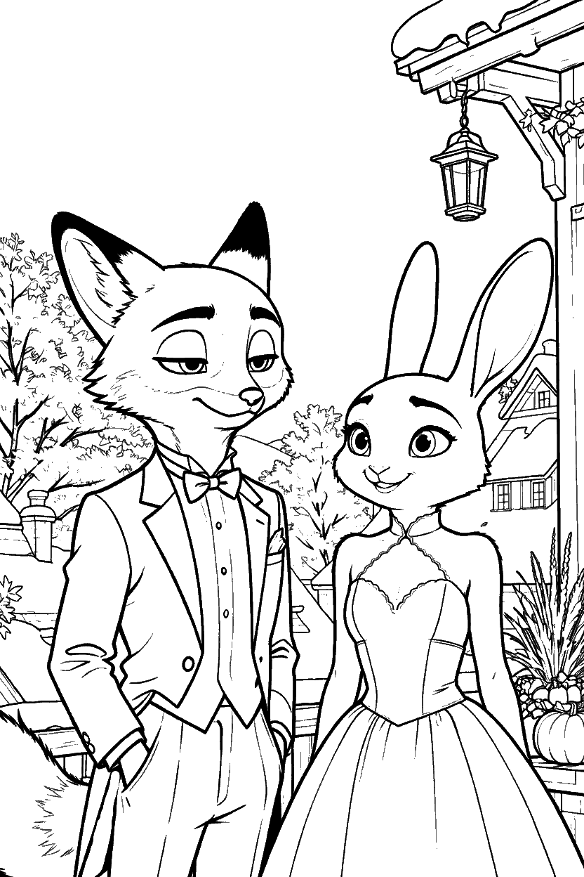 nick wilde and judy hopps wedding zootopia line art