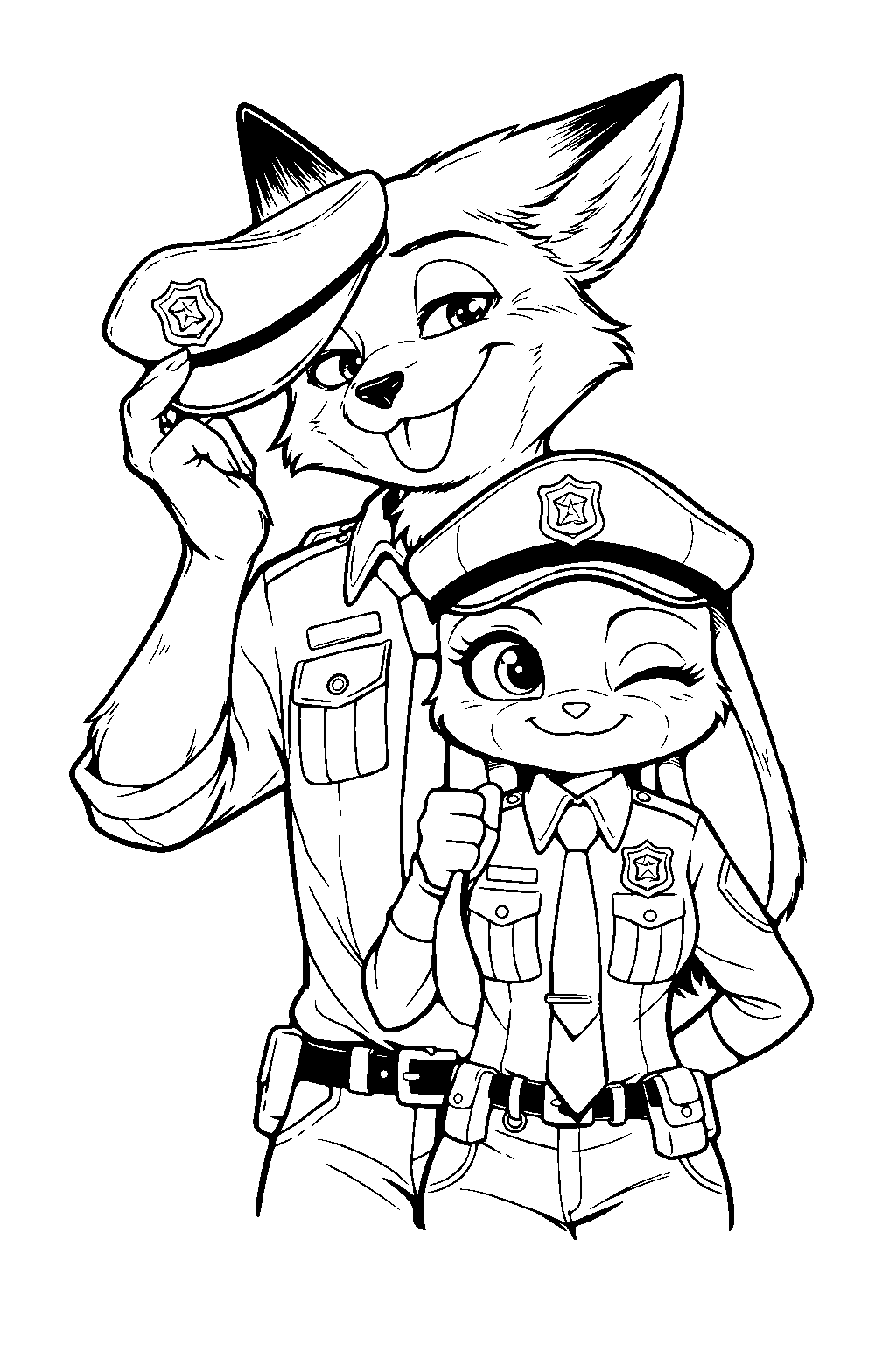 nick wilde and judy hopps winking police partners line art
