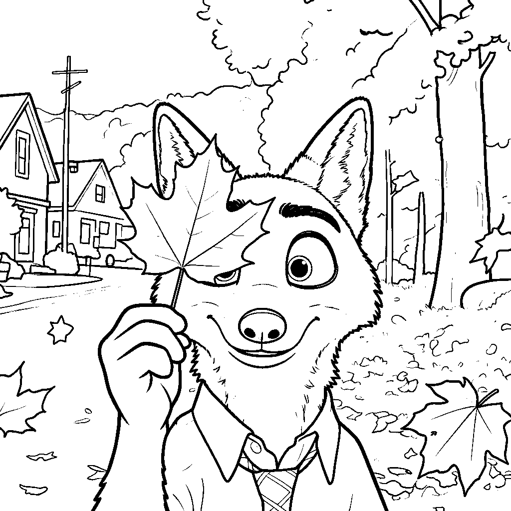 nick wilde autumn maple leaf line art